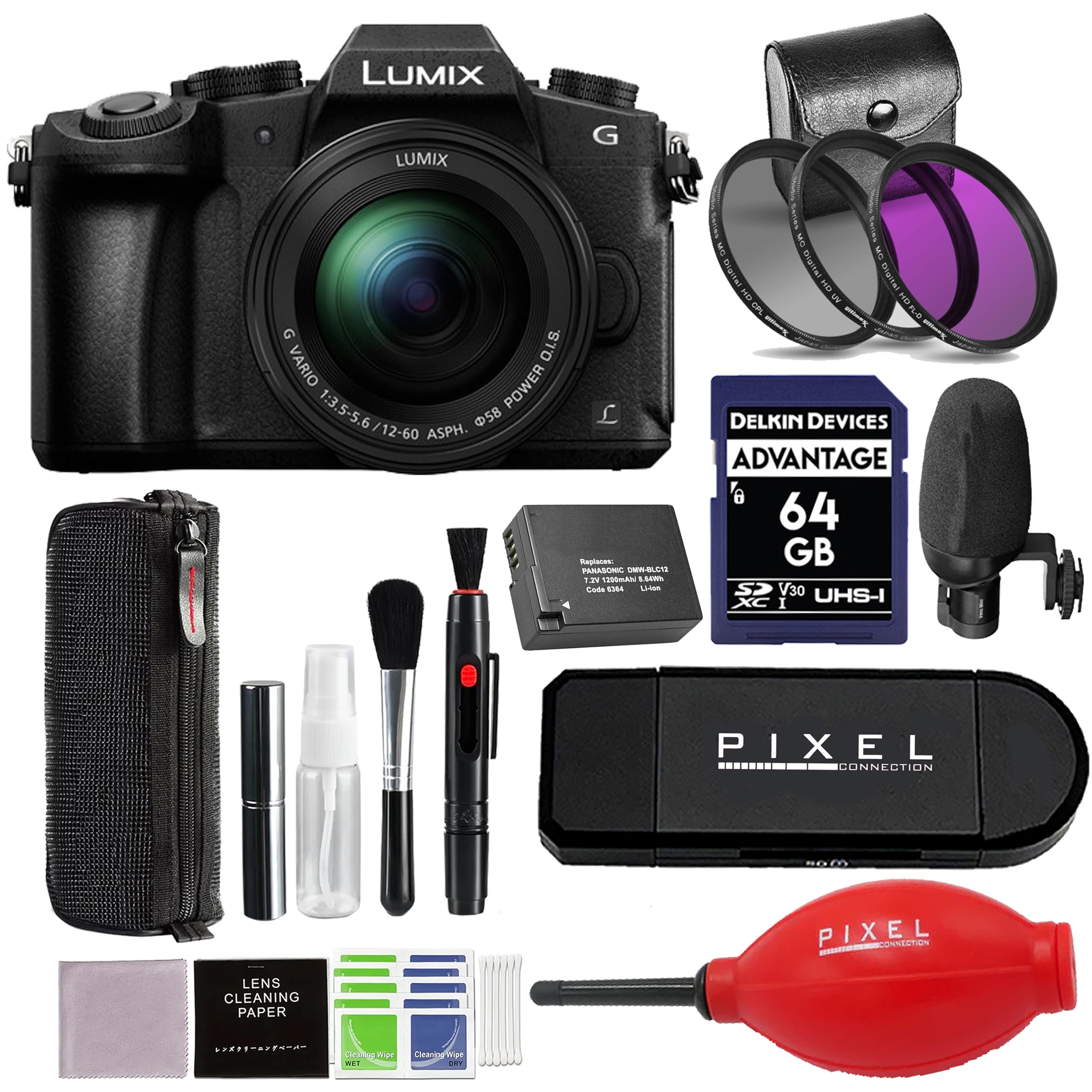 LUMIX LUMIX G VARIO POWER 1:3.5-5.6/12-60 ASPH. 58 S /12-60  
DELKIN DEVICES ADVANTAGE 64 GB SP V30 UHS-I XC I  
PIXEL CONNECTION PIXEL CONNECTION  
LENS CLEANING PAPER  
Confina wor NEE Comrina pt n