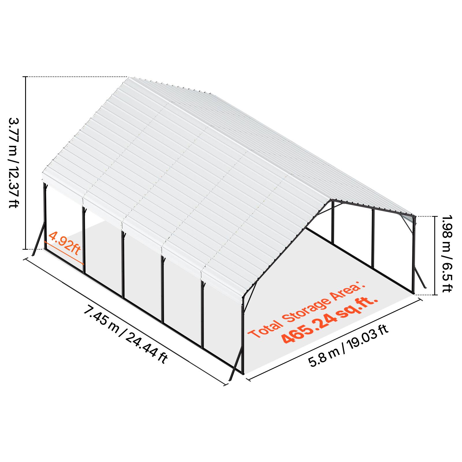 3.77 m / 12.37 ft  
4.92 ft  
7.45 m / 24.44 ft  
1.98 m / 6.5 ft  
5.8 m / 19.03 ft  

Total Storage Area: 465.24 sq.ft.