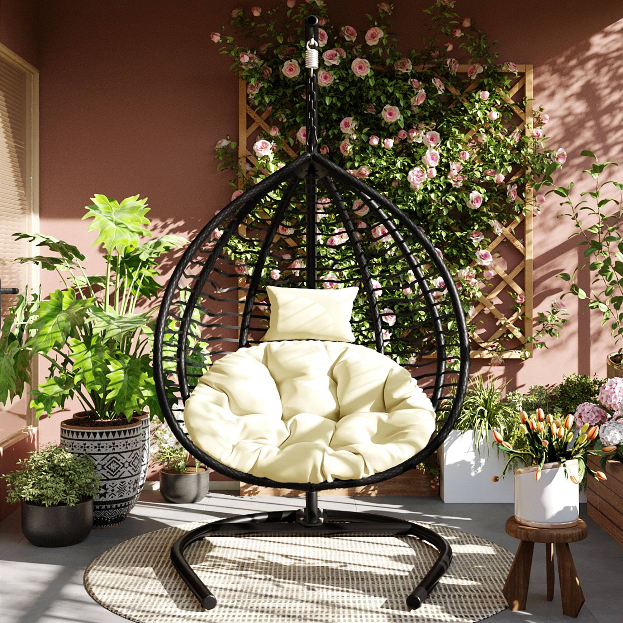 Left. Whisen - Foldable Hanging Egg Chair with Stand, Sturdy Indoor Outdoor Swing with Plush Cushion-Black - Black.