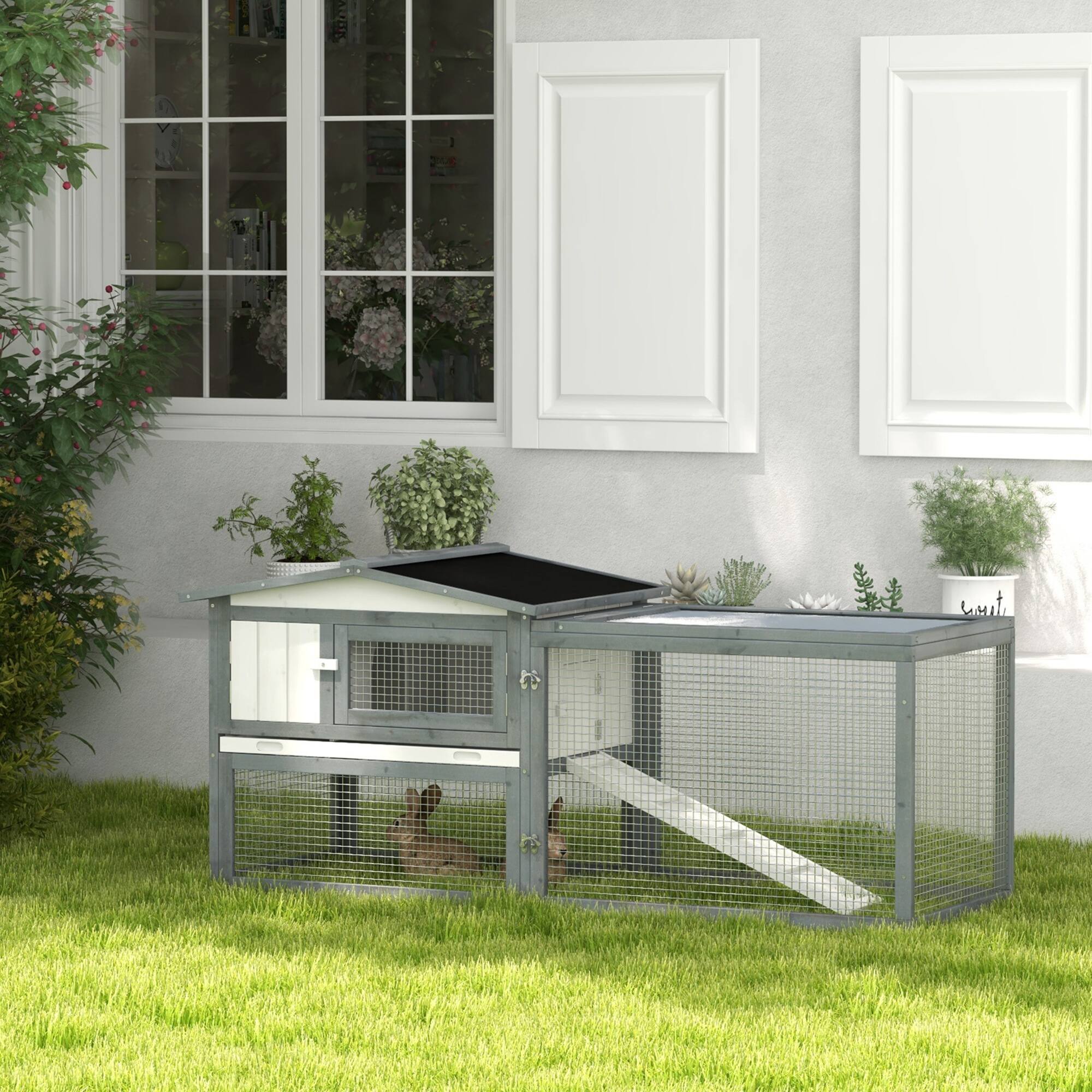 Angle. Pawhut - Rabbit Hutch 2-Story Bunny Cage, Guinea Pig Cage Indoor Outdoor, Small Animal House with Slide Out Tray.