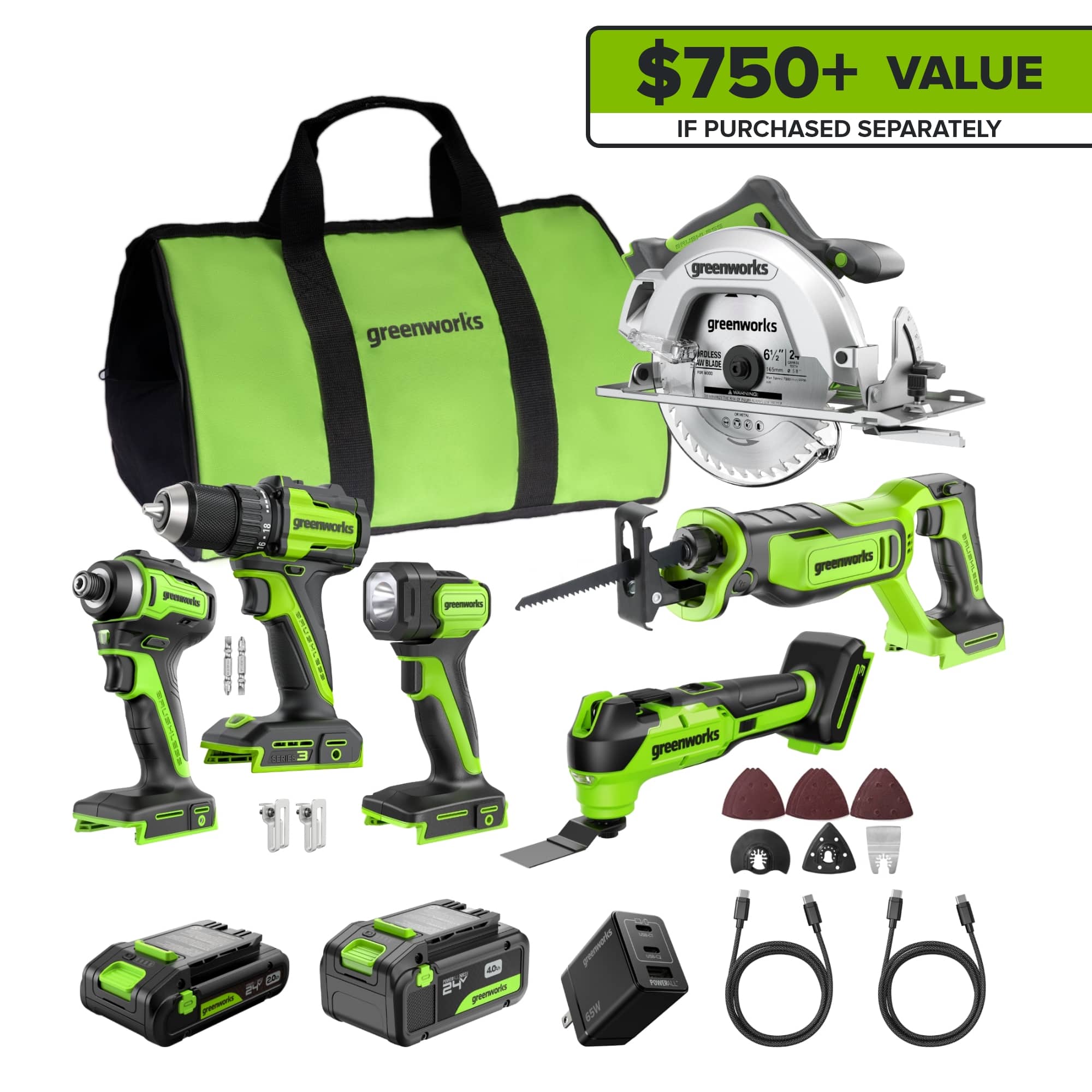 Greenworks - 24V 6pcs Combo, Drill+Impact Driver+Circular Saw+Recip Saw+Oscillating Tool+Flashlight - Green