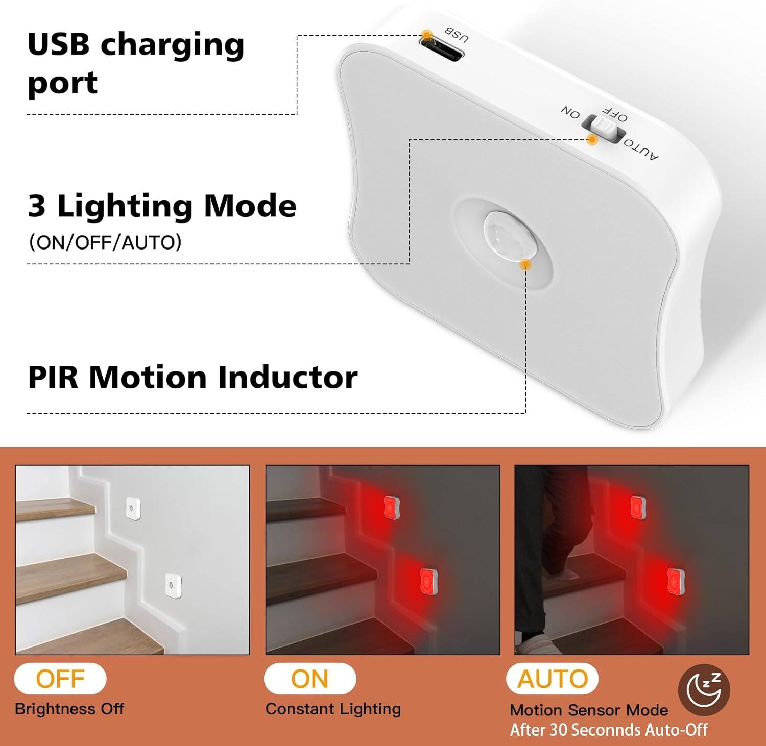 USB charging port

3 Lighting Mode (ON/OFF/AUTO)

PIR Motion Inductor

- OFF: Brightness Off
- ON: Constant Lighting
- AUTO: Motion Sensor Mode After 30 Seconds Auto-Off