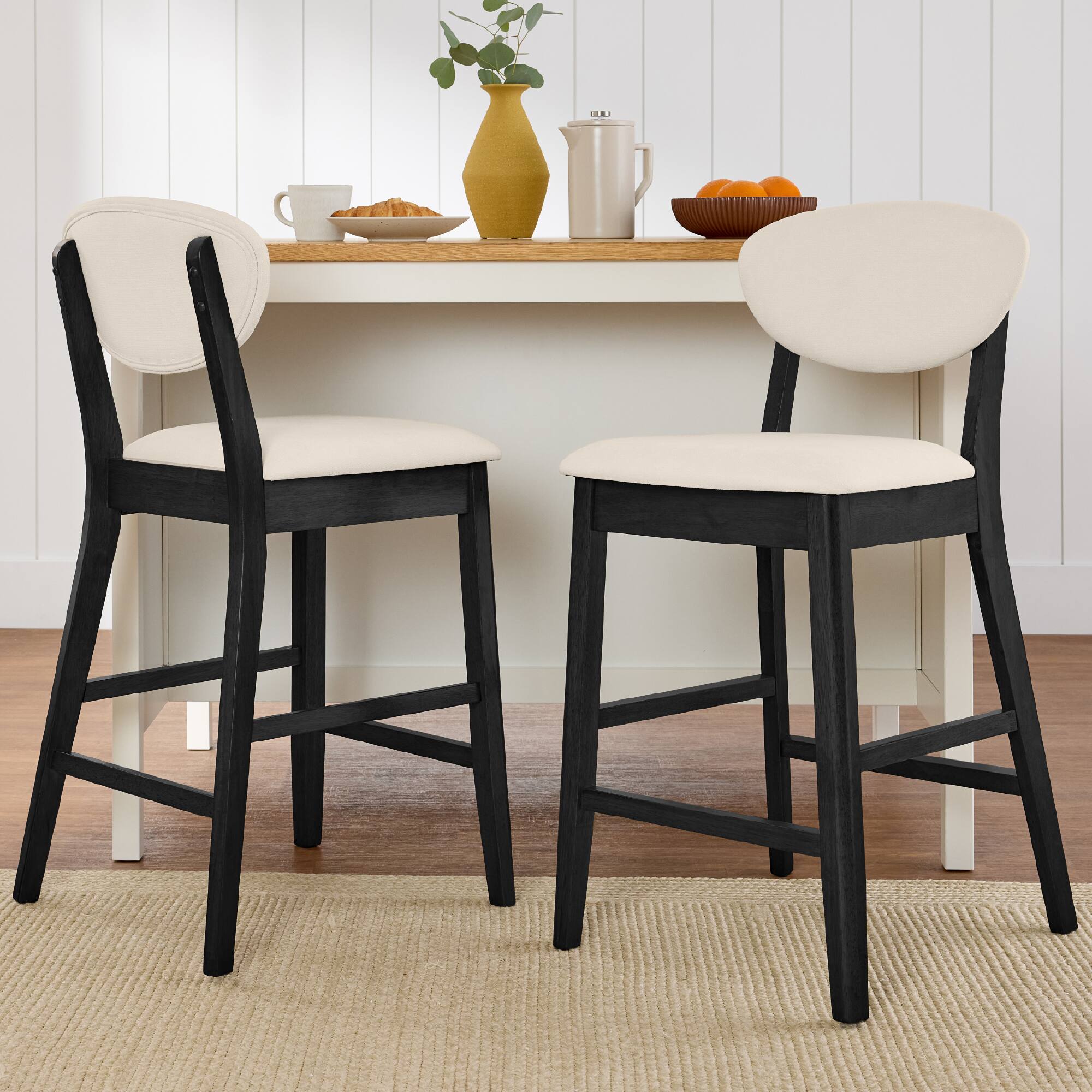 Alt View 1. Best Choice Products - Best Choice Products Set of 2 Counter-Height Bar Stools, Armless W/Upholstered Seat Cushion & Backrest - Black / Cream - Black/Cream.