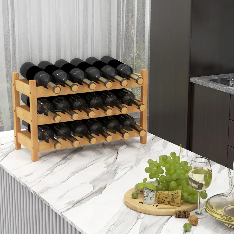 Gymax 3 Tier 18 Bottle Wine Storage Cabinet Shelf Bamboo Wine Rack for ...
