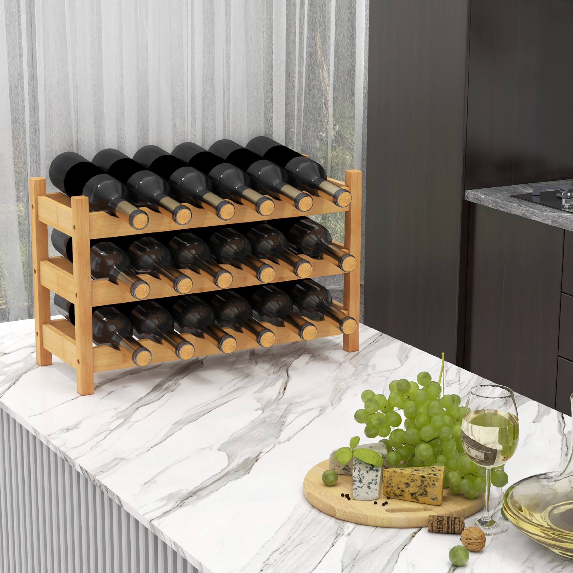 Gymax 3 Tier 18 Bottle Wine Storage Cabinet Shelf Bamboo Wine Rack for ...