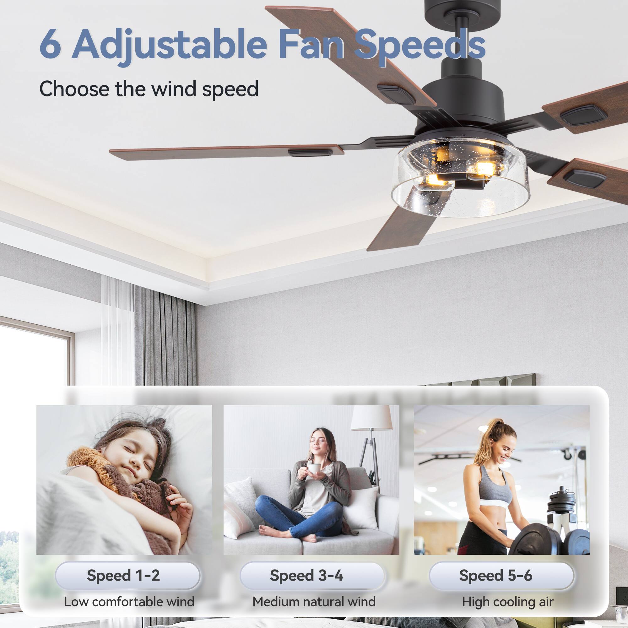6 Adjustable Fan Speeds Choose the wind speed

Speed 1-2 Low comfortable wind
Speed 3-4 Medium natural wind
Speed 5-6 High cooling air