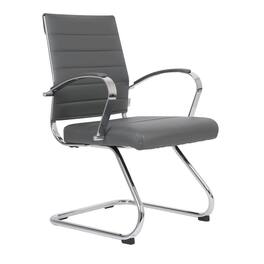 LeisureMod - Benmar Office Chair, Ribbed Leather Upholstery with Chrome Arms and Sled Base, Modern Desk Seating for Home or Office - Gray