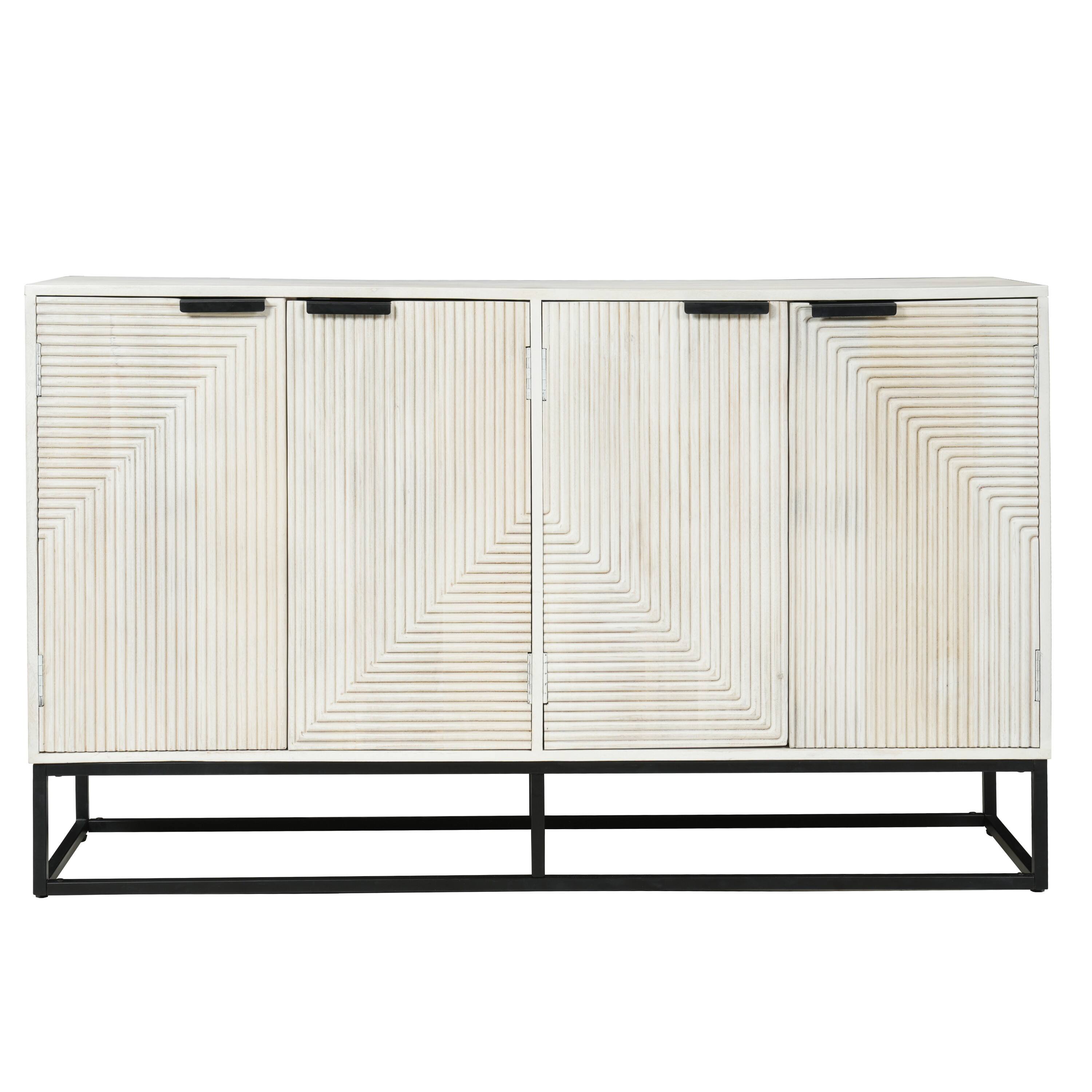 Front. Manhattan Lane - Seya 4 Door Sideboard Console, Fluted Front, Mango Wood, Iron Base, 60 Inch - Antique White, Black.