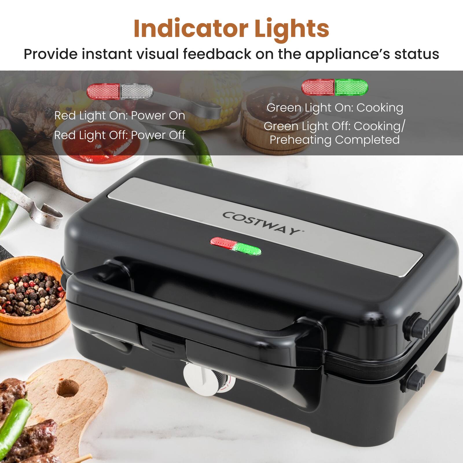Indicator Lights
Provide instant visual feedback on the appliance's status
Red Light On: Power On
Red Light Off: Power Off
Green Light On: Cooking
Green Light Off: Cooking/ Preheating Completed
COSTWAY
