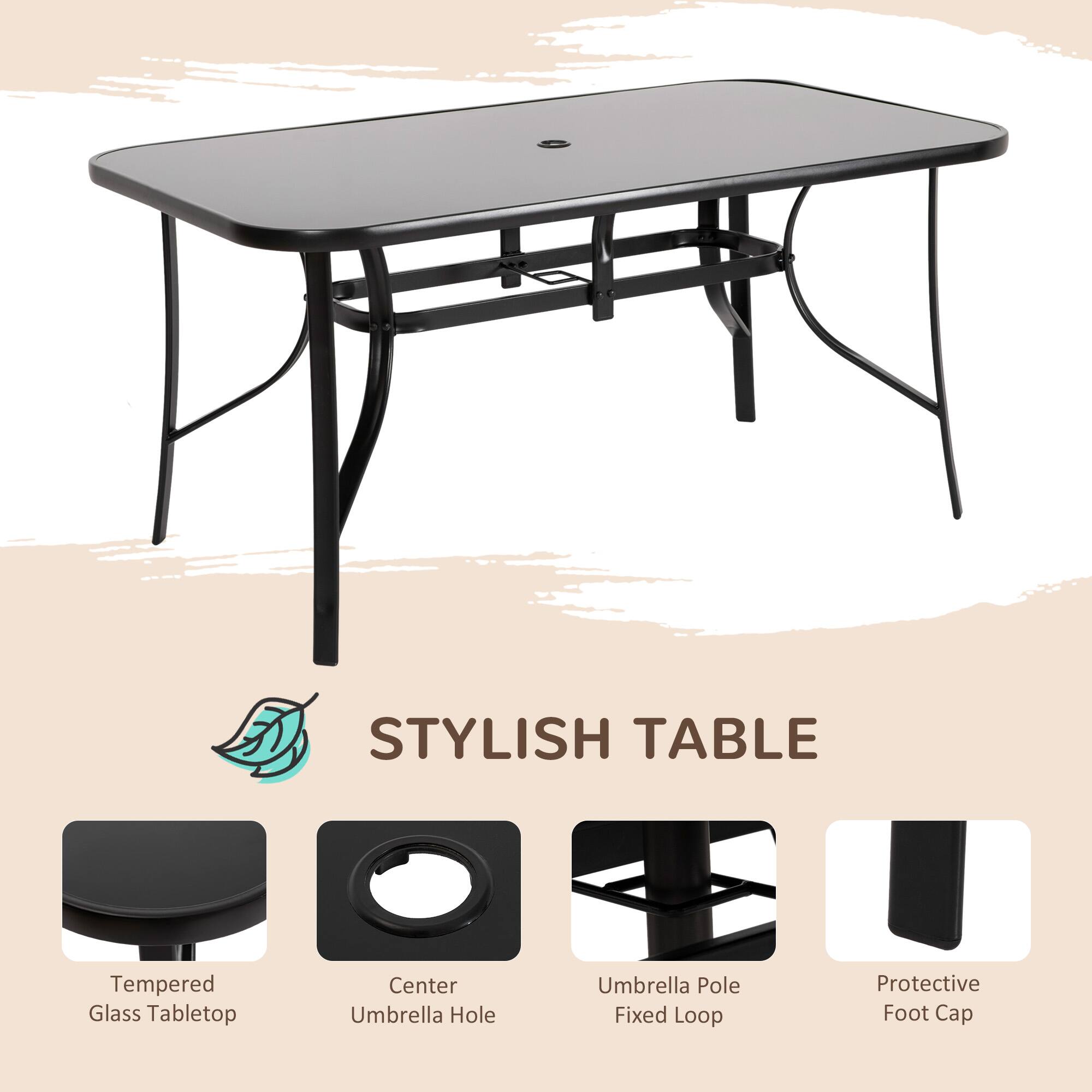 STYLISH TABLE

- Tempered Glass Tabletop
- Center Umbrella Hole
- Umbrella Pole Fixed Loop
- Protective Foot Cap
