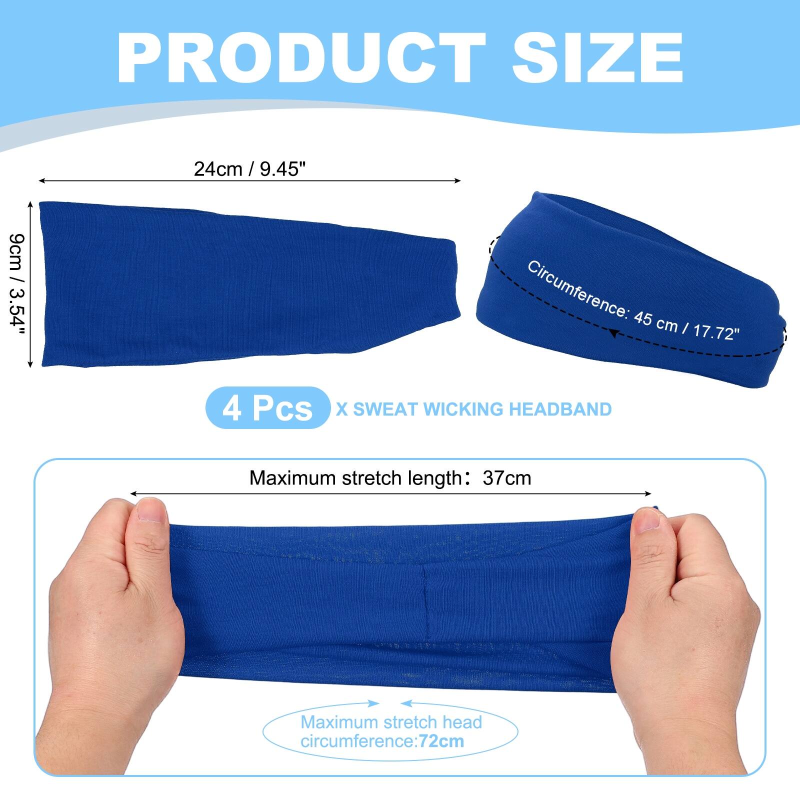 PRODUCT SIZE

24cm / 9.45"  
9cm / 3.54"  
Circumference: 45 cm / 17.72"  

4 Pcs X SWEAT WICKING HEADBAND  

Maximum stretch length: 37cm  
Maximum stretch head circumference: 72cm