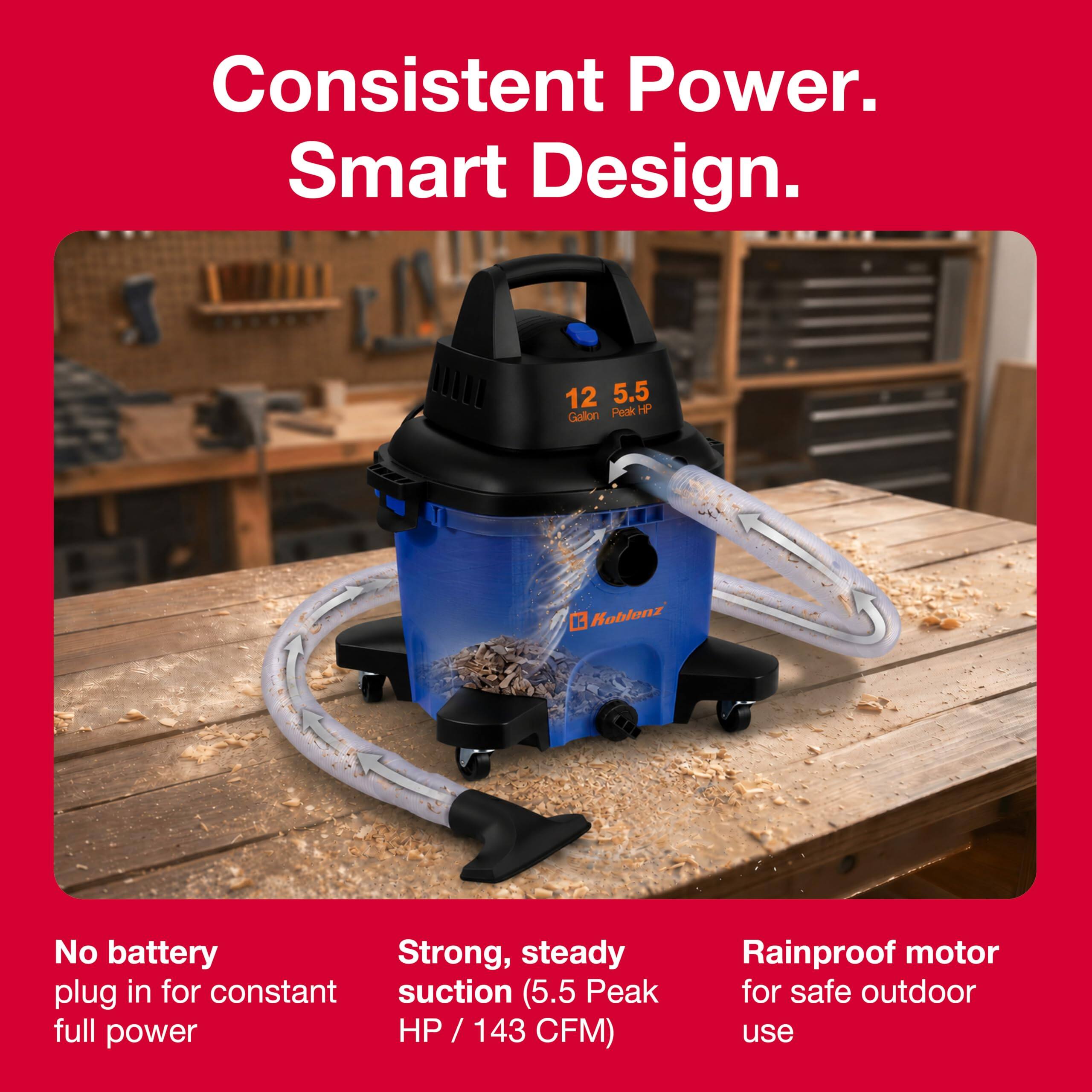 Consistent Power. Smart Design.

12 5.5 Peak HP Gallon

Koblenz

No battery
plug in for constant full power

Strong, steady suction (5.5 Peak HP / 143 CFM)

Rainproof motor for safe outdoor use