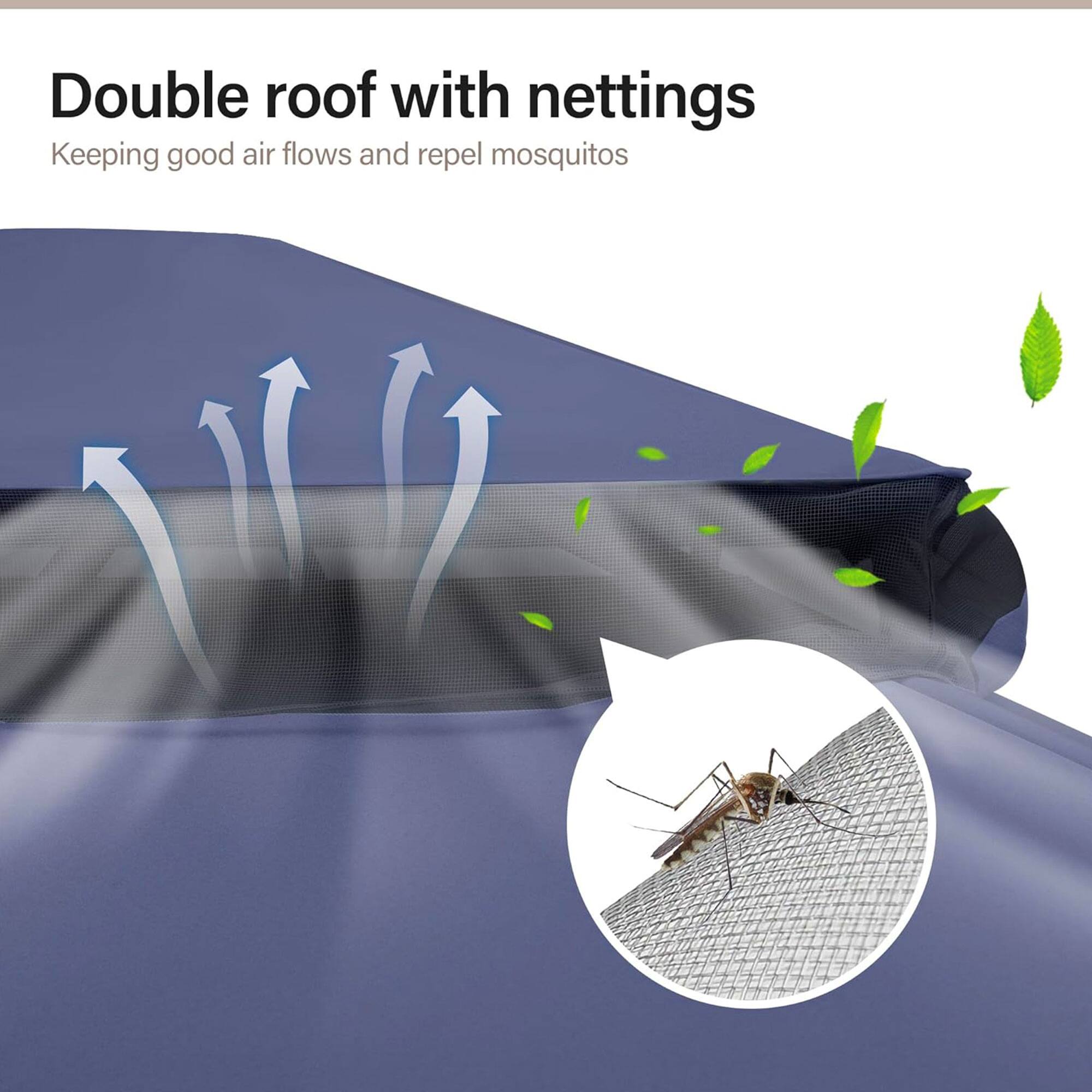 Double roof with nettings  
Keeping good air flows and repel mosquitos