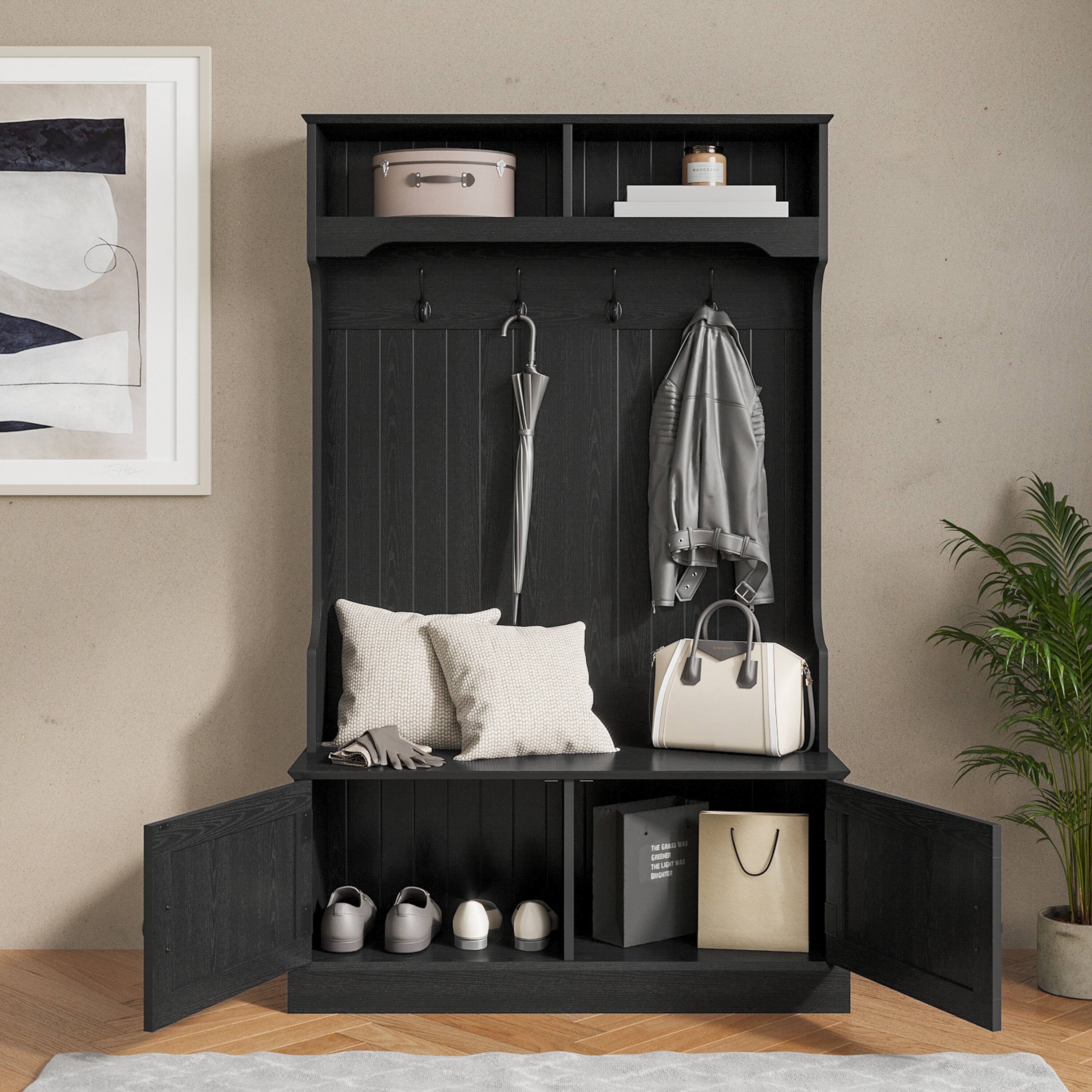 Alt View 2. Flash Furniture - Fraser 40" Wide Hall Tree with Double Door Storage Bench, Coat Rack with 4 Black Double Hooks, and 2 Upper Storage Cubbi - Black.