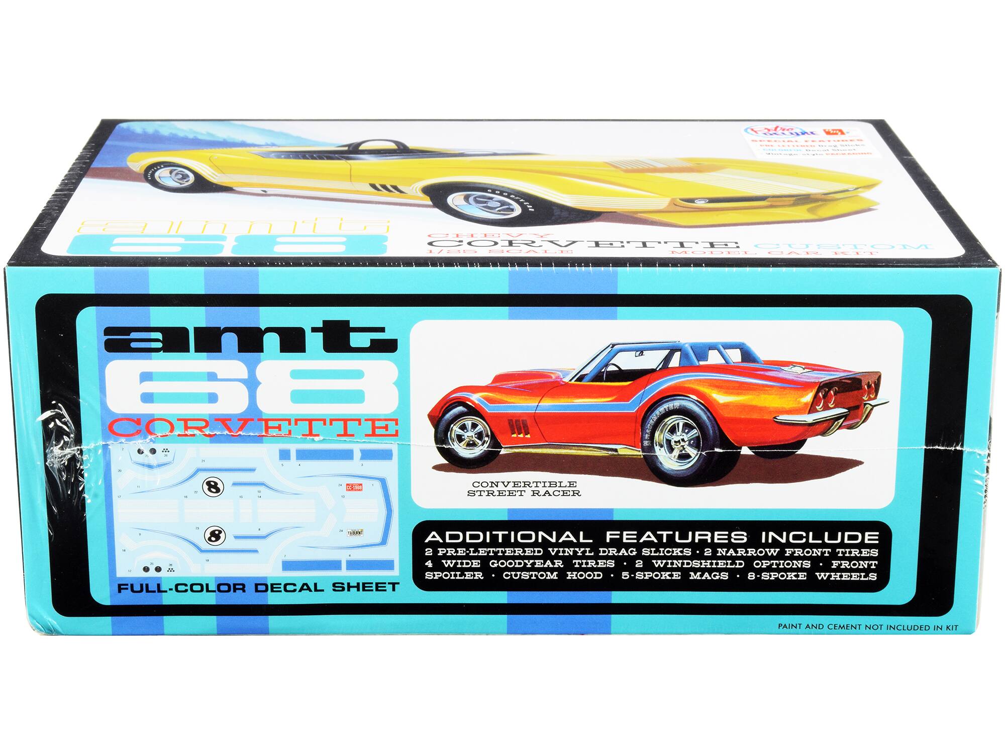 La EE | | .. | | | |  |   | ODaAL nn CHEV - CORVETTE CUSTOM 170D UH MUIRL CAE .... amt 68 CORVETTE 8 C CONVERTIBLE STREET RACER vEe 8 ADDITIONAL FEATURES INCLUDE 2 PRE-LETTERED VINYL DRAG SLICKS 2 NARROW FRONT TIRES 4 WIDE GOODYEAR TIRES 2 WINDSHIELD OPTIONS FRONT M SPOILER CUSTOM HOOD -SPOKE MAGS B-SPOKE WHEELS FULL-COLOR DECAL SHEET PAINT AND CEMENT NOT INCLUDED IN KIT