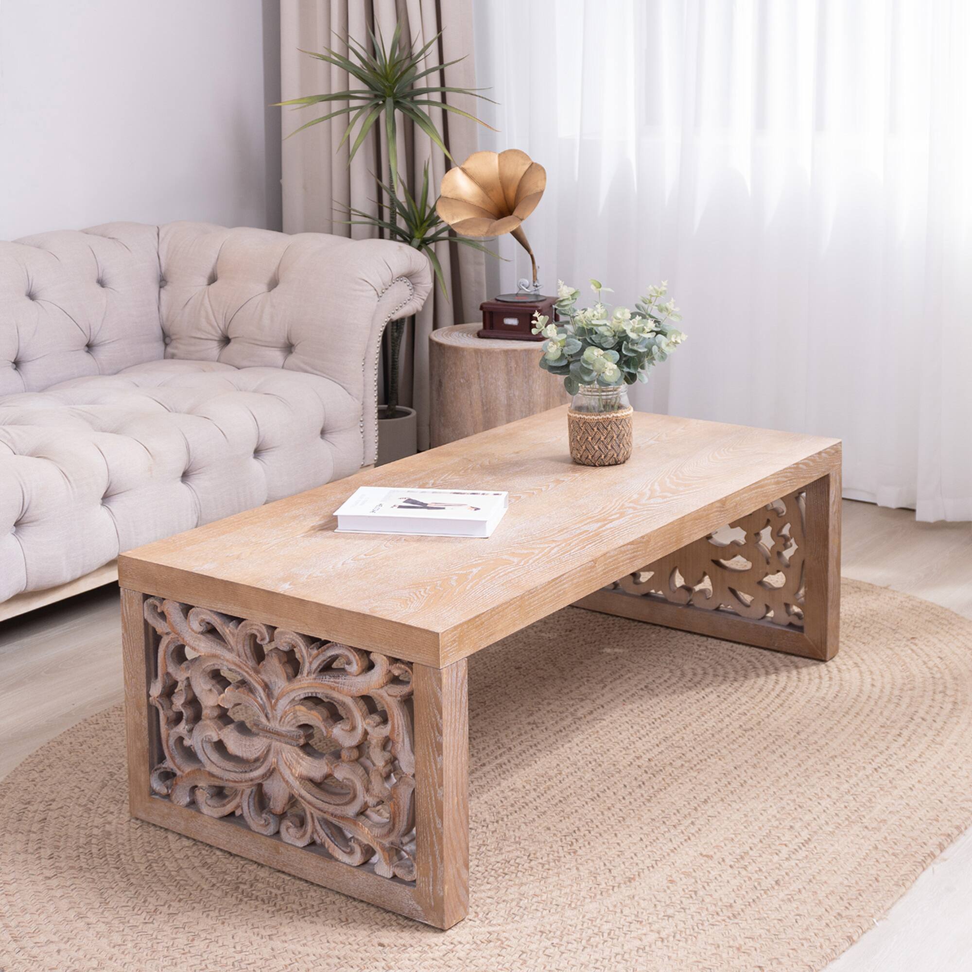 GOODSILO - Handcrafted Rustic Wood Coffee Table with Ornate Side Panels and Finish - Natural