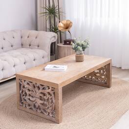 GOODSILO - Handcrafted Rustic Wood Coffee Table with Ornate Side Panels and Finish - Natural