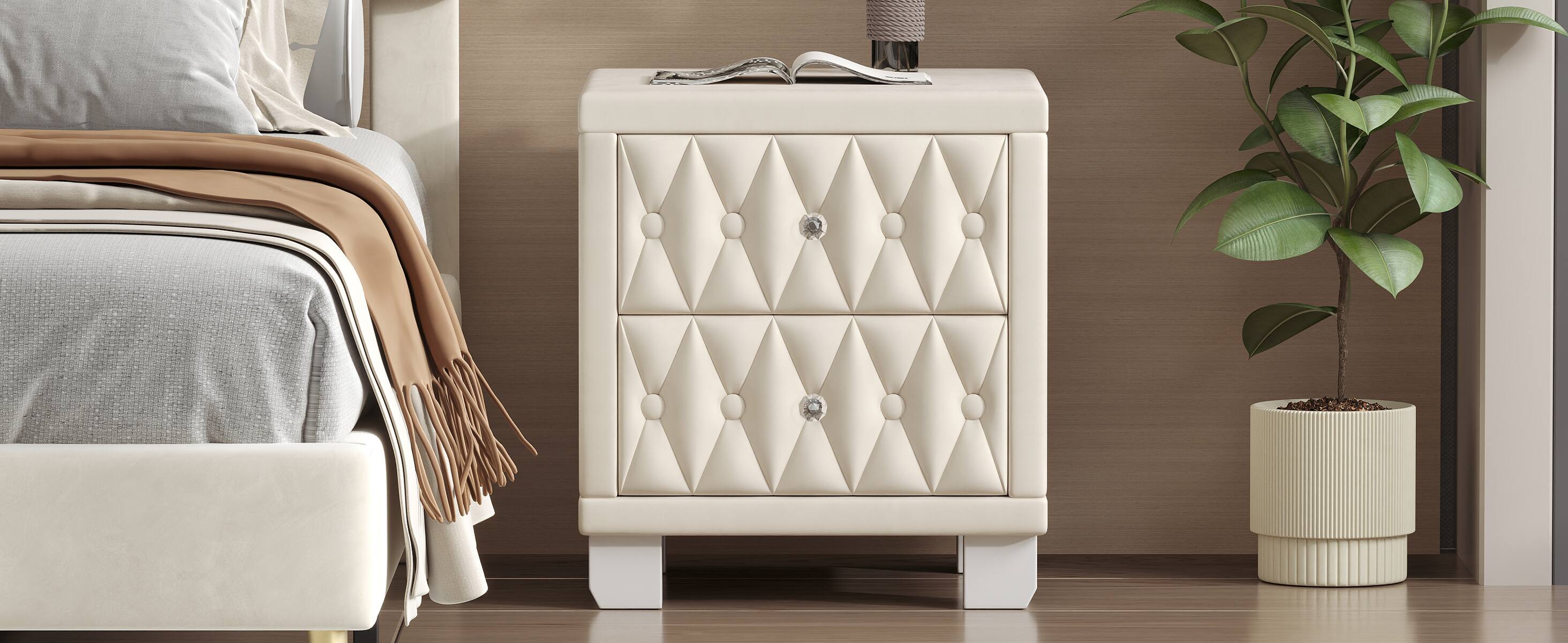 Alt View 8. Tiramisubest - Elegant Velvet Nightstand with 2 Drawers and Crystal Handle, Storage Bedside Table with Button-Tufted, Beige - Beige.