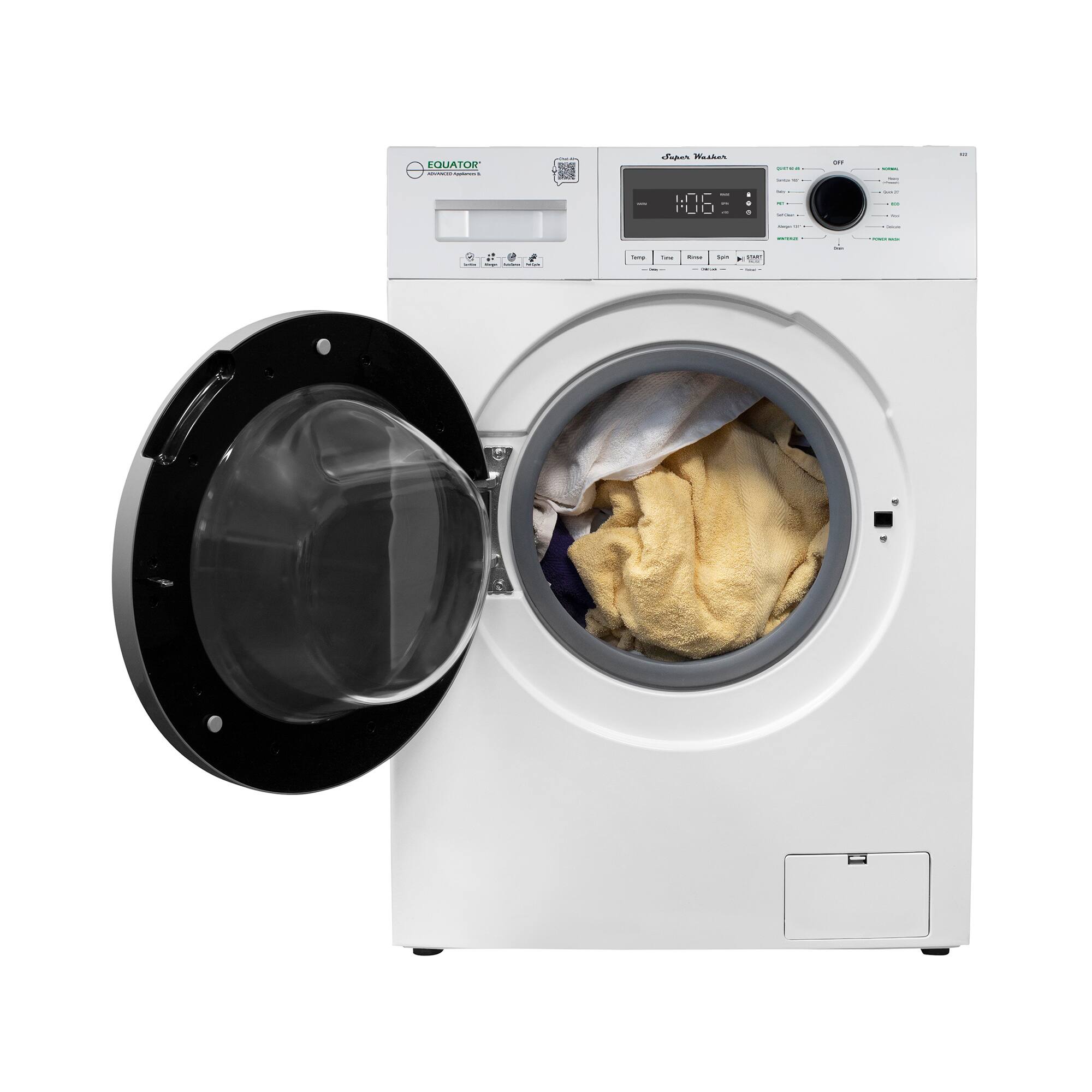 EQUATOR  
Compact Washer  

1:06  

Start/Stop  
Spin  
Drain  
Spin Speed  
Delay Timer  
Program Select  

OFF  
100