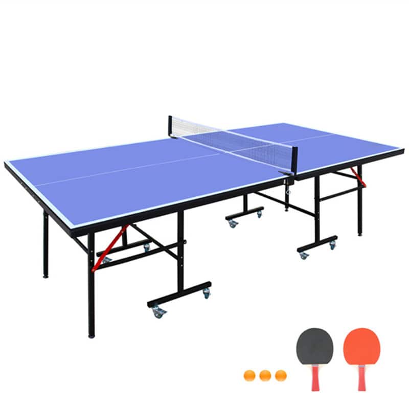 HTUTWOO - Table Tennis Table 8ft - Foldable & Portable Mid-Size Ping Pong Table Set, Indoor Games with Net, 2 Paddles and 3 Balls - Blue
