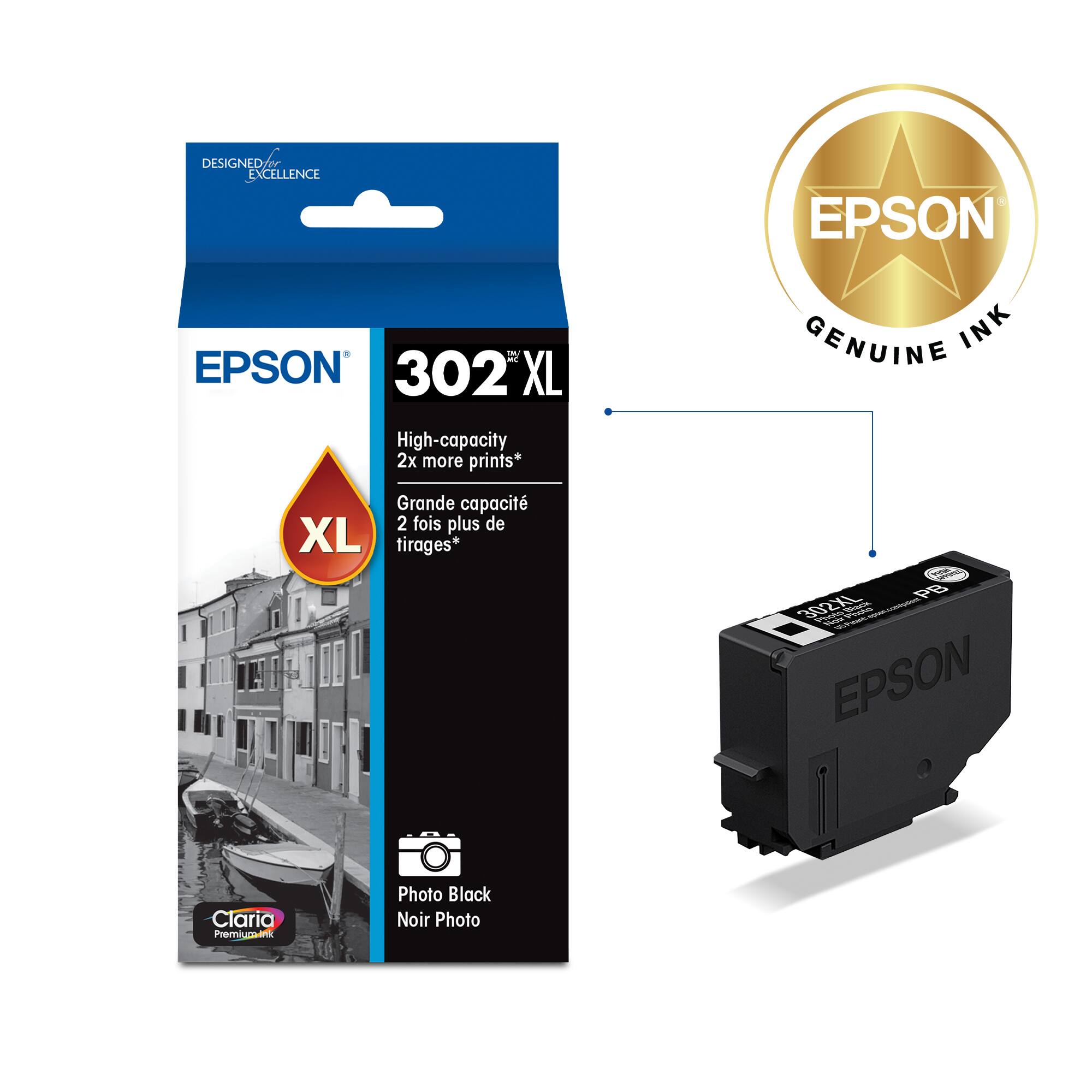 DESIGNED FOR EXCELLENCE

EPSON 302 XL GENUINE INK

High-capacity 2x more prints*

Grande capacité 2 fois plus de tirages*

Claria Premium Ink

Photo Black Noir Photo

EPSON GENUINE INK