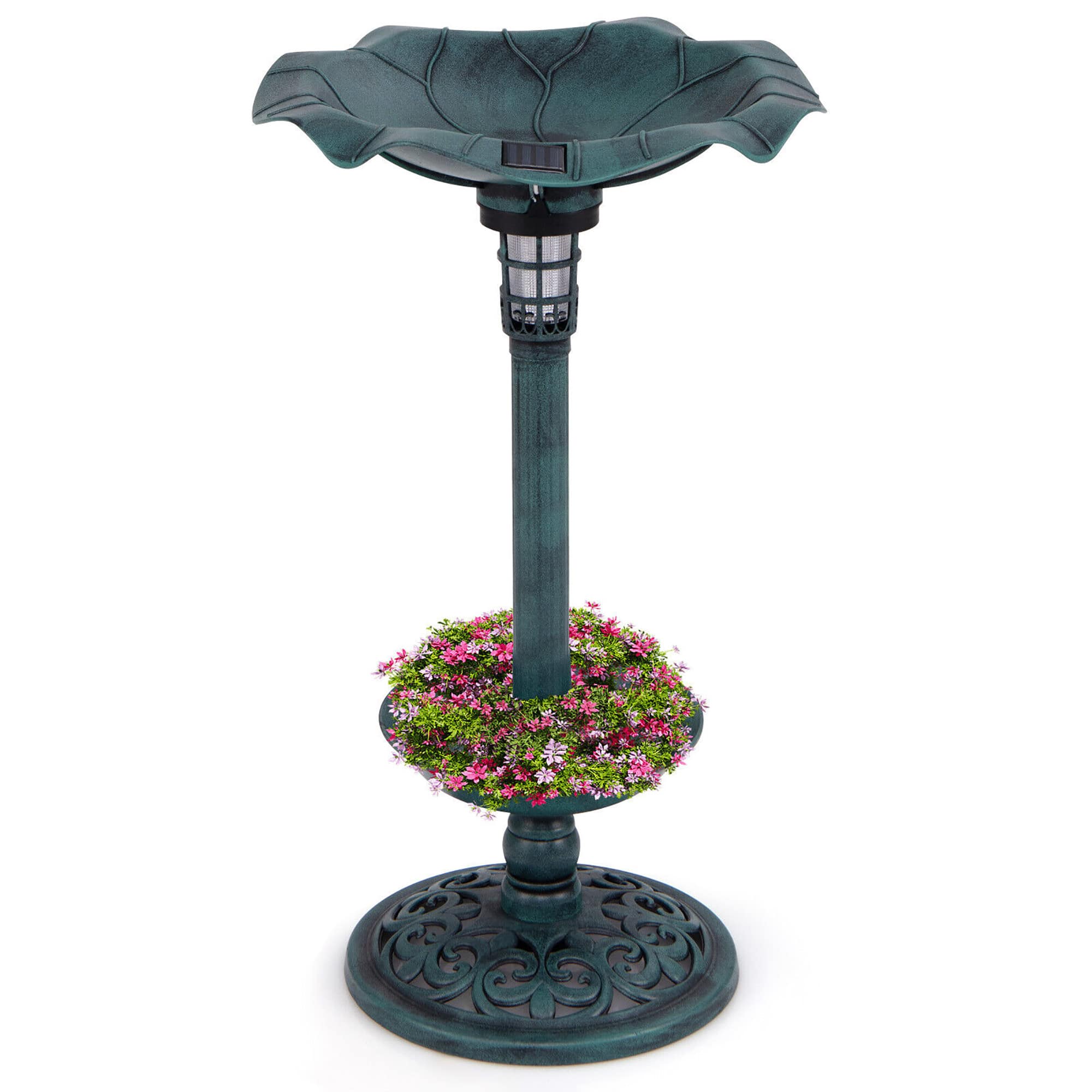 Gymax- Solar Bird Bath Standing Pedestal Birdbath & Feeder Combo w/ Lotus Leaf Bowl- Bronze