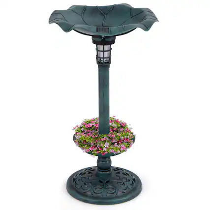 Front. Gymax - Gymax Solar Bird Bath Standing Pedestal Birdbath & Feeder Combo w/ Lotus Leaf Bowl Bronze - Bronze.