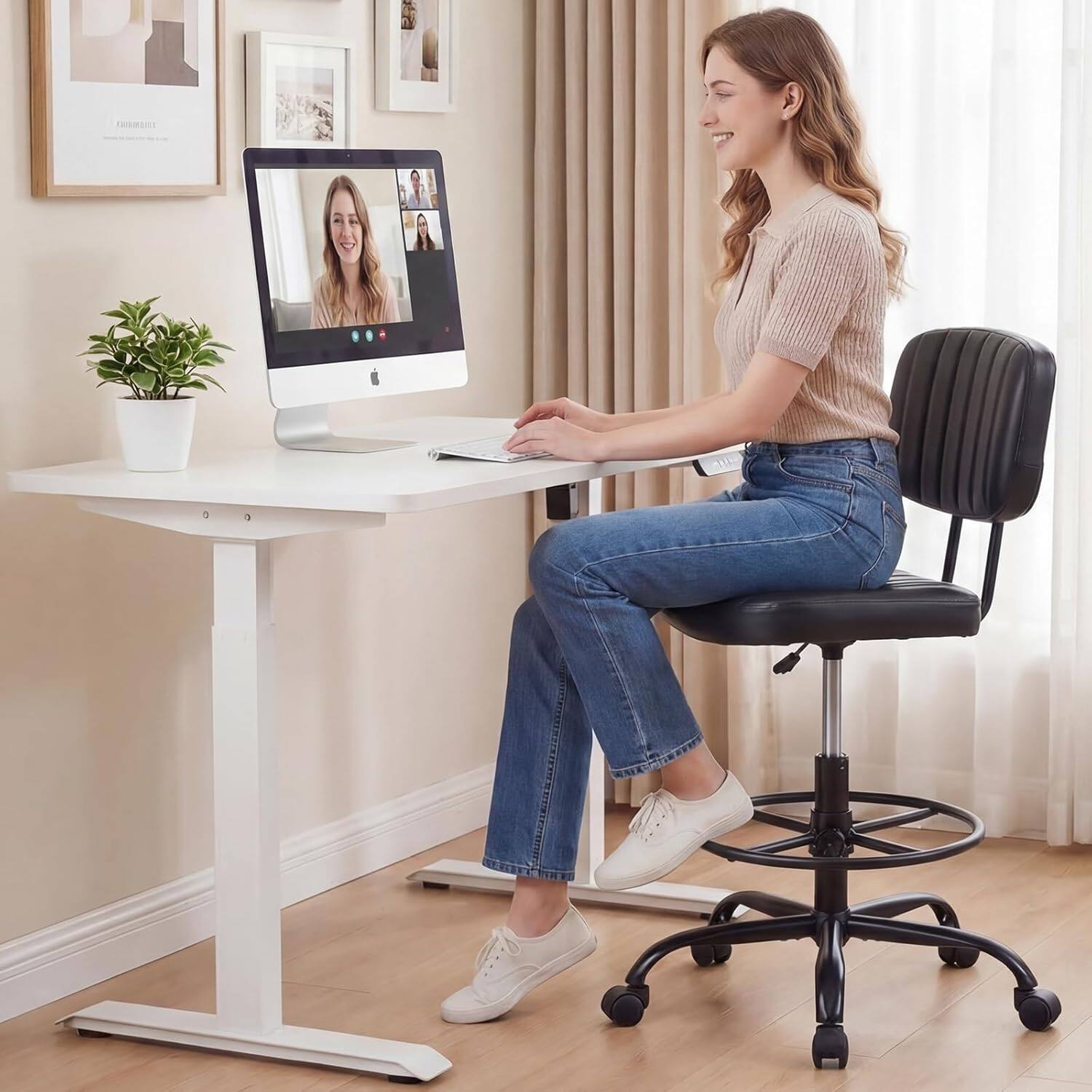 Angle. Sweet - Armless Drafting Chair, Low Back Office Seat with Adjustable Footrest Ring for Standing Desk, Lab, Counter, Black - Black.