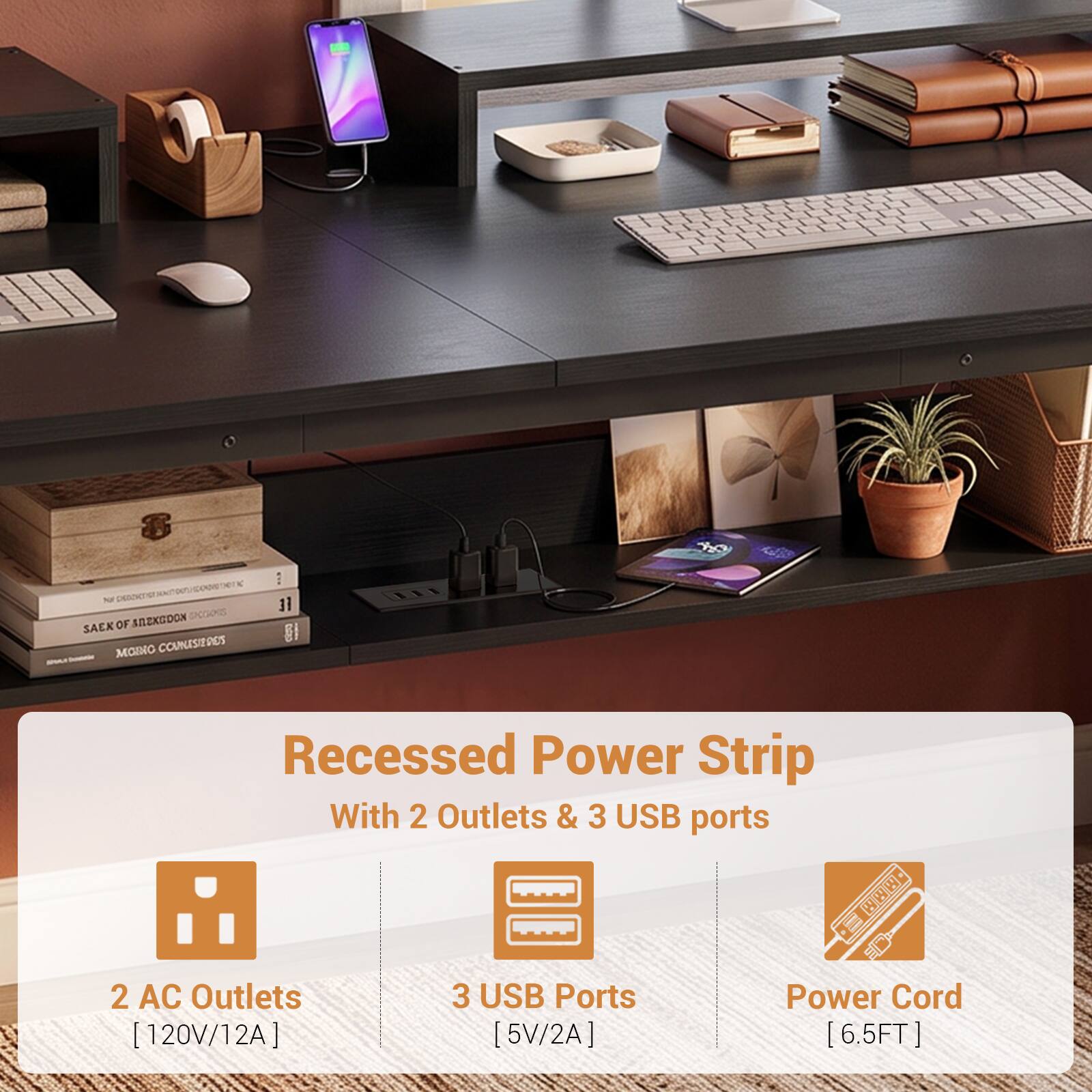NY protection ANEKGOON CHICKINS SAEK OF MOING COUNISIERES

FE GI

Recessed Power Strip With 2 Outlets & 3 USB ports
2 AC Outlets [120V/12A]
3 USB Ports [5V/2A]
Power Cord [6.5FT]