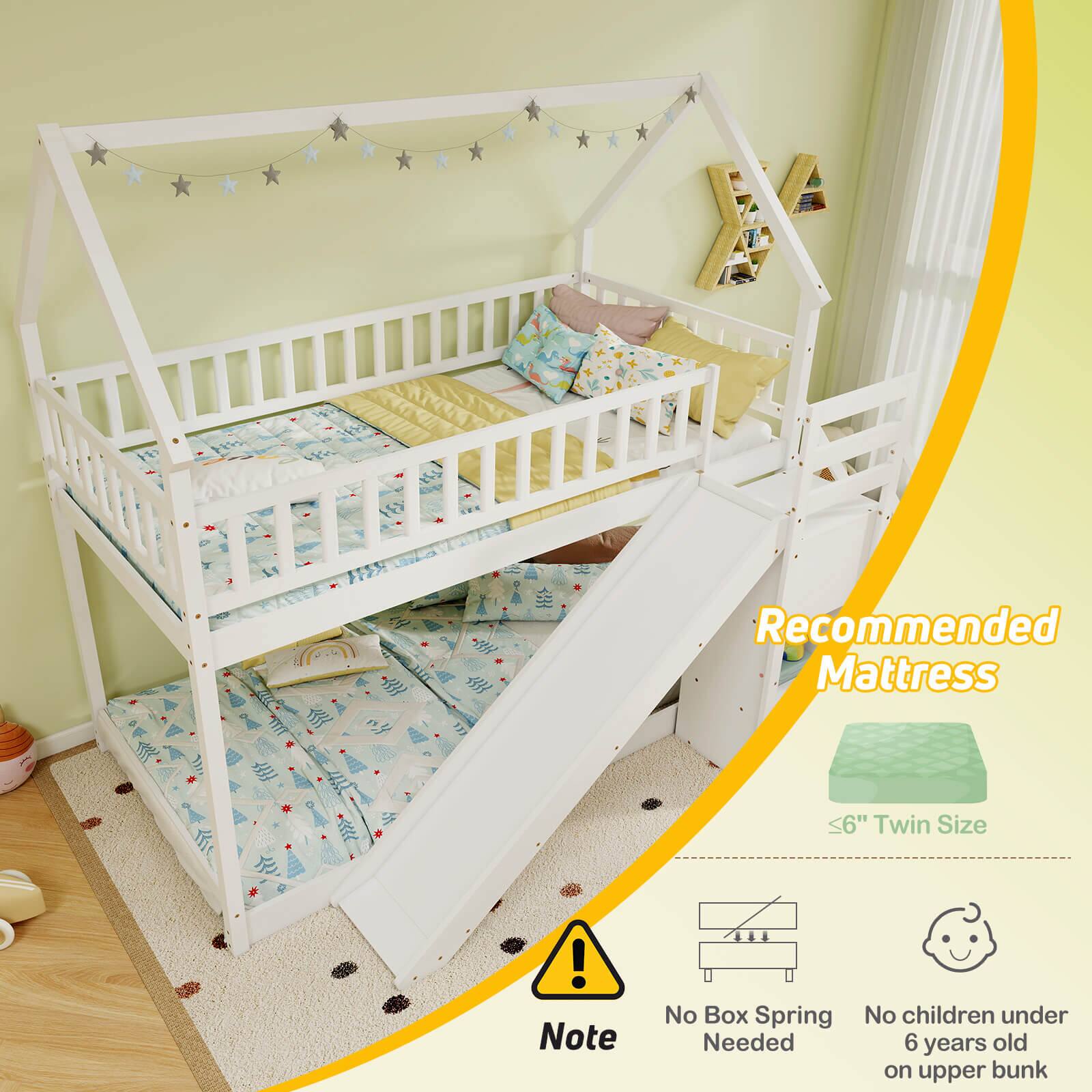 Recommended Mattress <6" Twin Size! Note: No Box Spring Needed. No children under 6 years old on upper bunk.