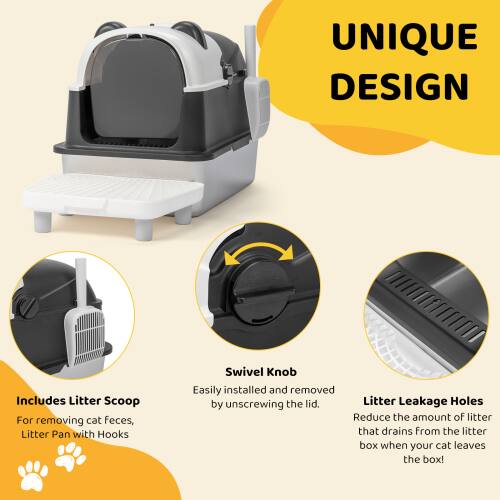 UNIQUE DESIGN

- Includes Litter Scoop for removing cat feces, Litter Pan with Hooks
- Swivel Knob: Easily installed and removed by unscrewing the lid
- Litter Leakage Holes: Reduce the amount of litter that drains from the litter box when your cat leaves the box!