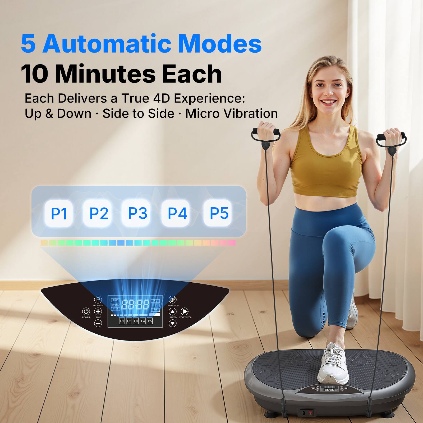 5 Automatic Modes  
10 Minutes Each  
Each Delivers a True 4D Experience:  
Up & Down • Side to Side • Micro Vibration  

P1 P2 P3 P4 P5