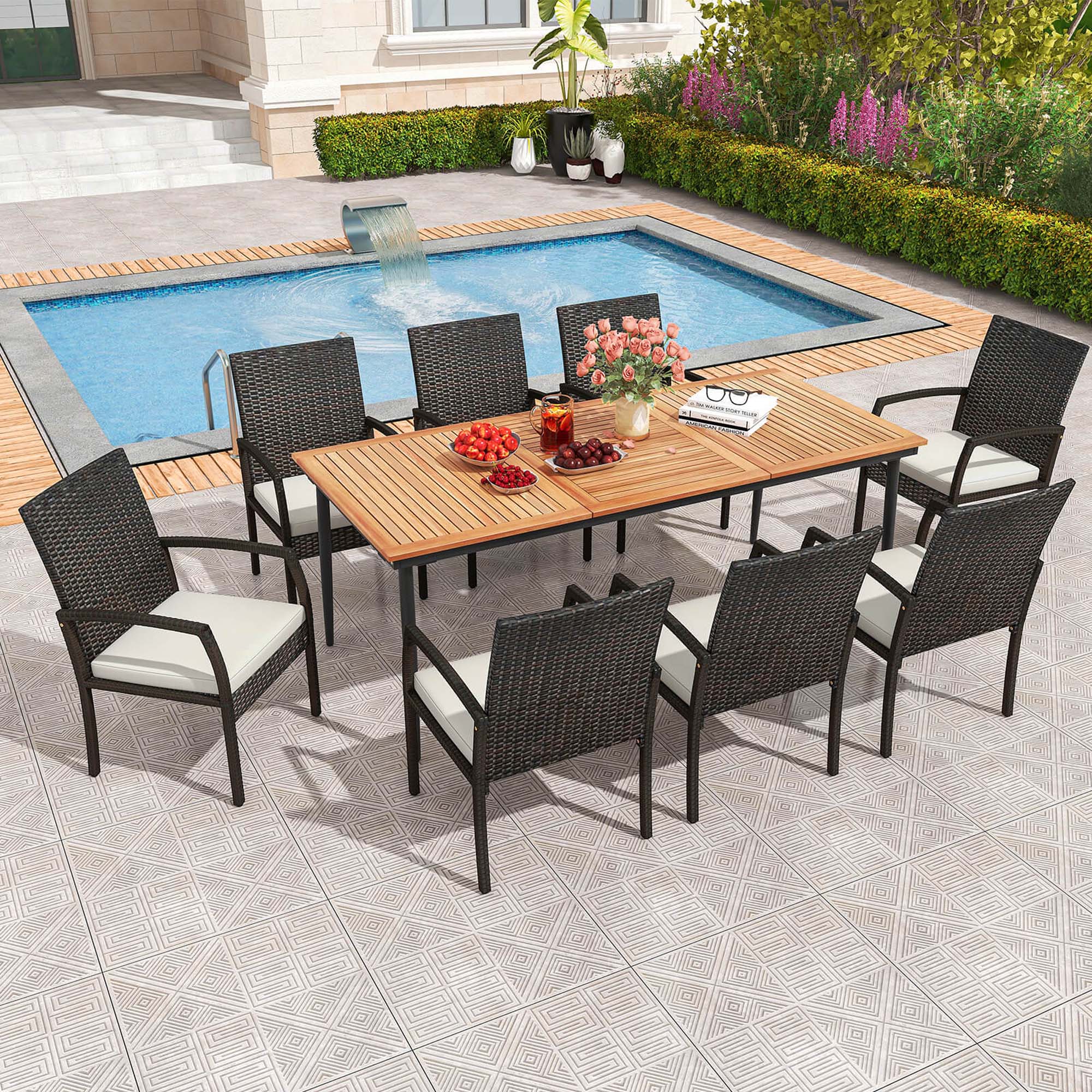 Alt View 1. Costway - 9 PCS Patio Dining Set Outdoor Acacia Wood Dining Table with 1.9" Umbrella Hole - Natural & Black,Mix Brown,Off White.