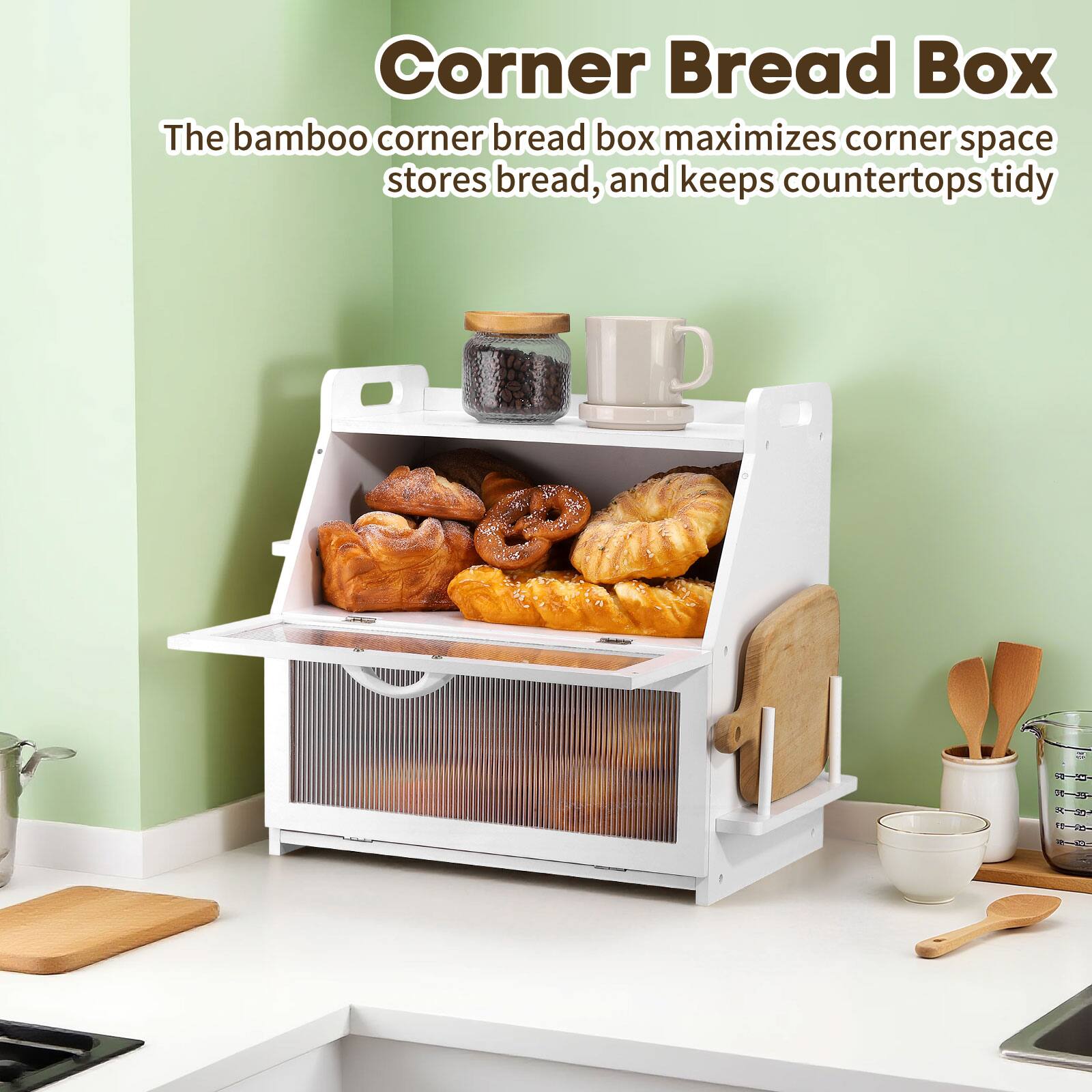 Corner Bread Box  
The bamboo corner bread box maximizes corner space, stores bread, and keeps countertops tidy
