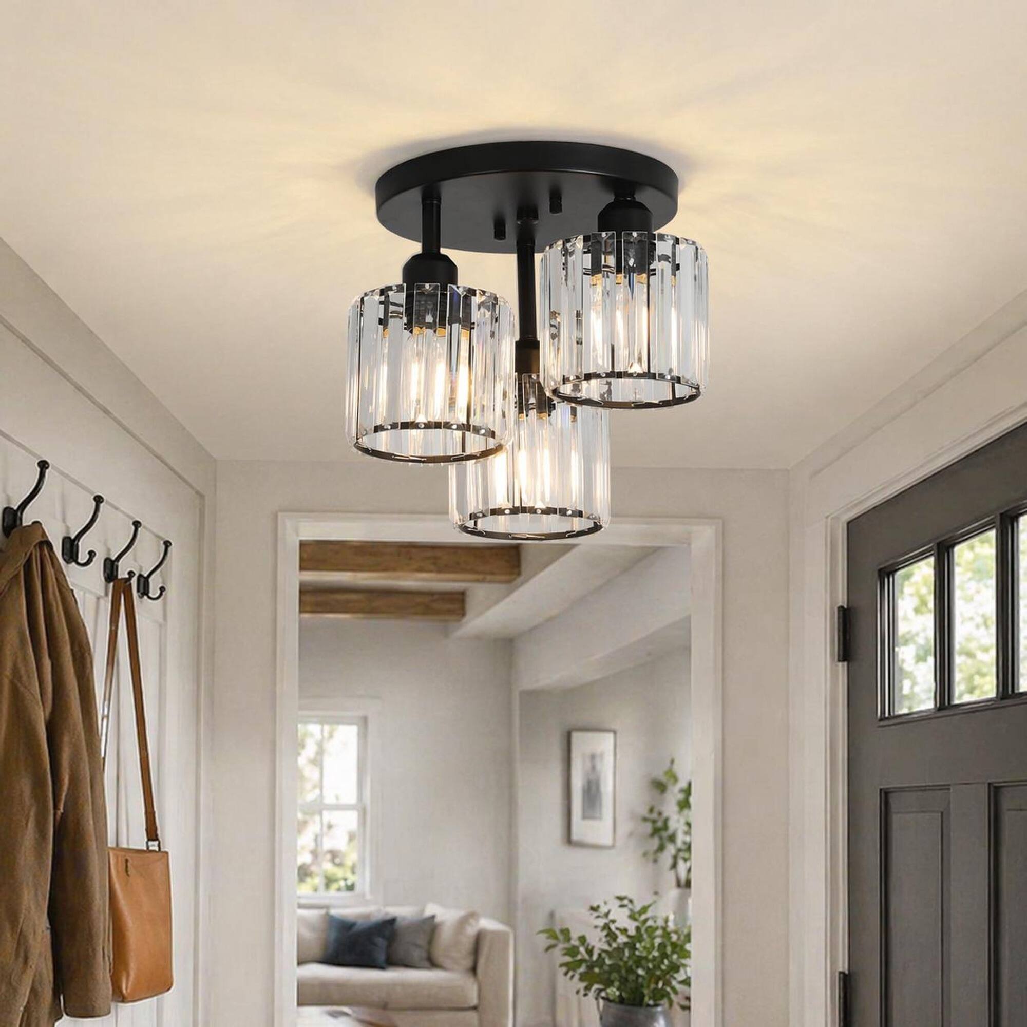 Left. RYHNUYNE - 3-Light Semi Flush Mount Ceiling Fixture with Clear Crystal Accents, Modern Close-to-Ceiling Black Metal Design.