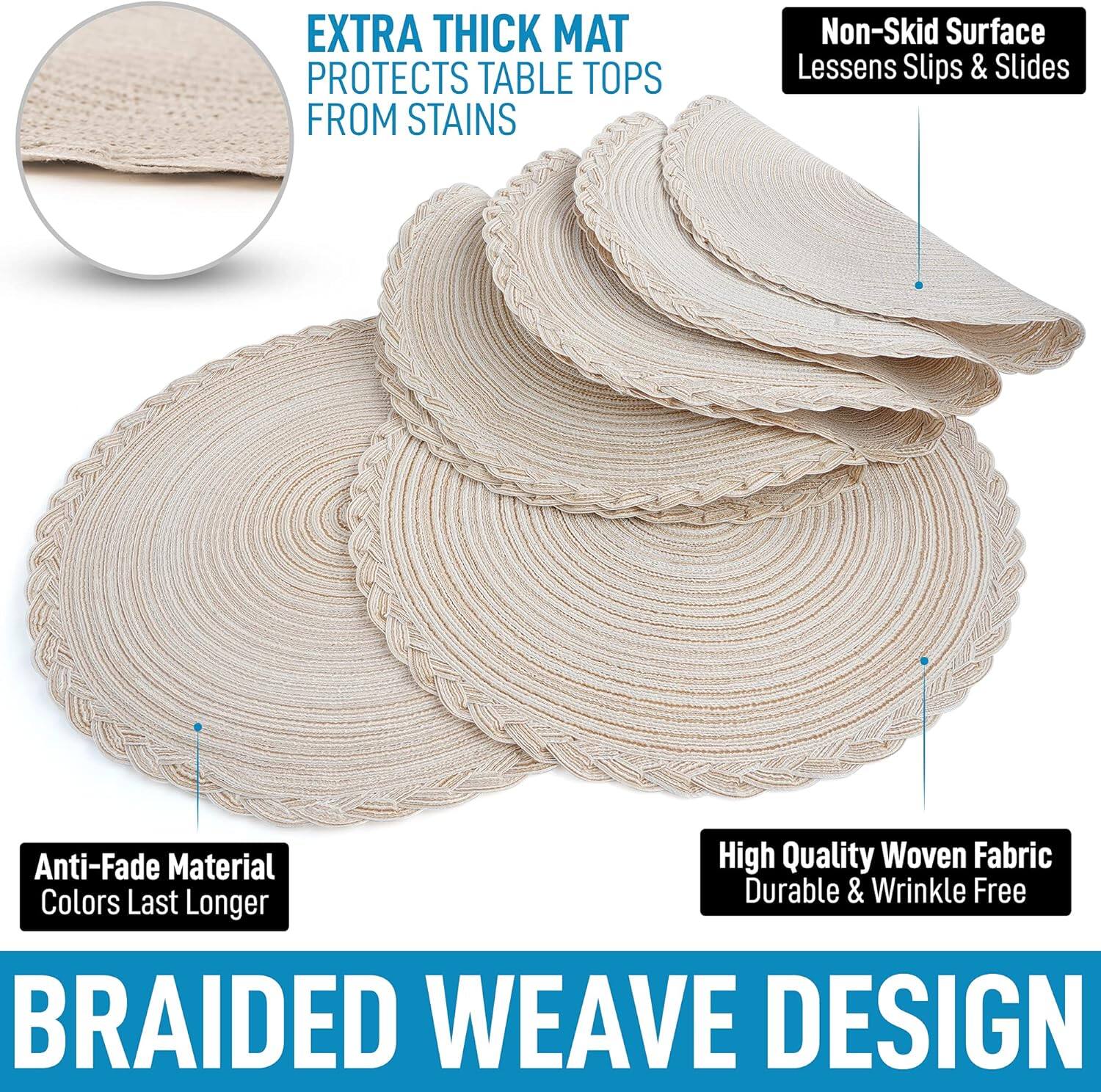 Here is the corrected and grouped text:

- **Extra Thick Mat**: Protects table tops from stains.
- **Non-Skid Surface**: Lessens slips & slides.
- **Anti-Fade Material**: Colors last longer.
- **High Quality Woven Fabric**: Durable & wrinkle-free.
- **Braided Weave Design**.