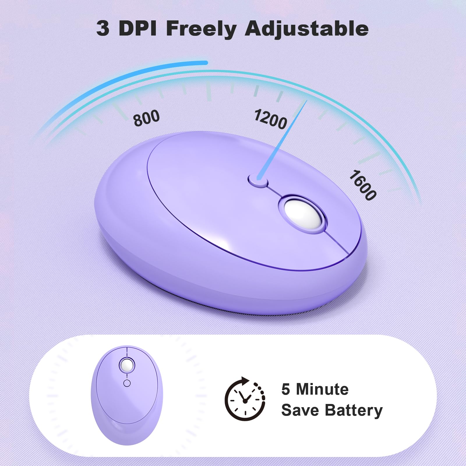 3 DPI Freely Adjustable  
800 1200 1600  
5 Minute Save Battery