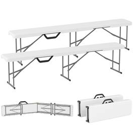 Outsunny - 2-Pack 6 Ft. Plastic Folding Benches, Portable Foldable Bench Seats with Carrying Handle, Non-Slip Mat, HDPE Tabletop - White