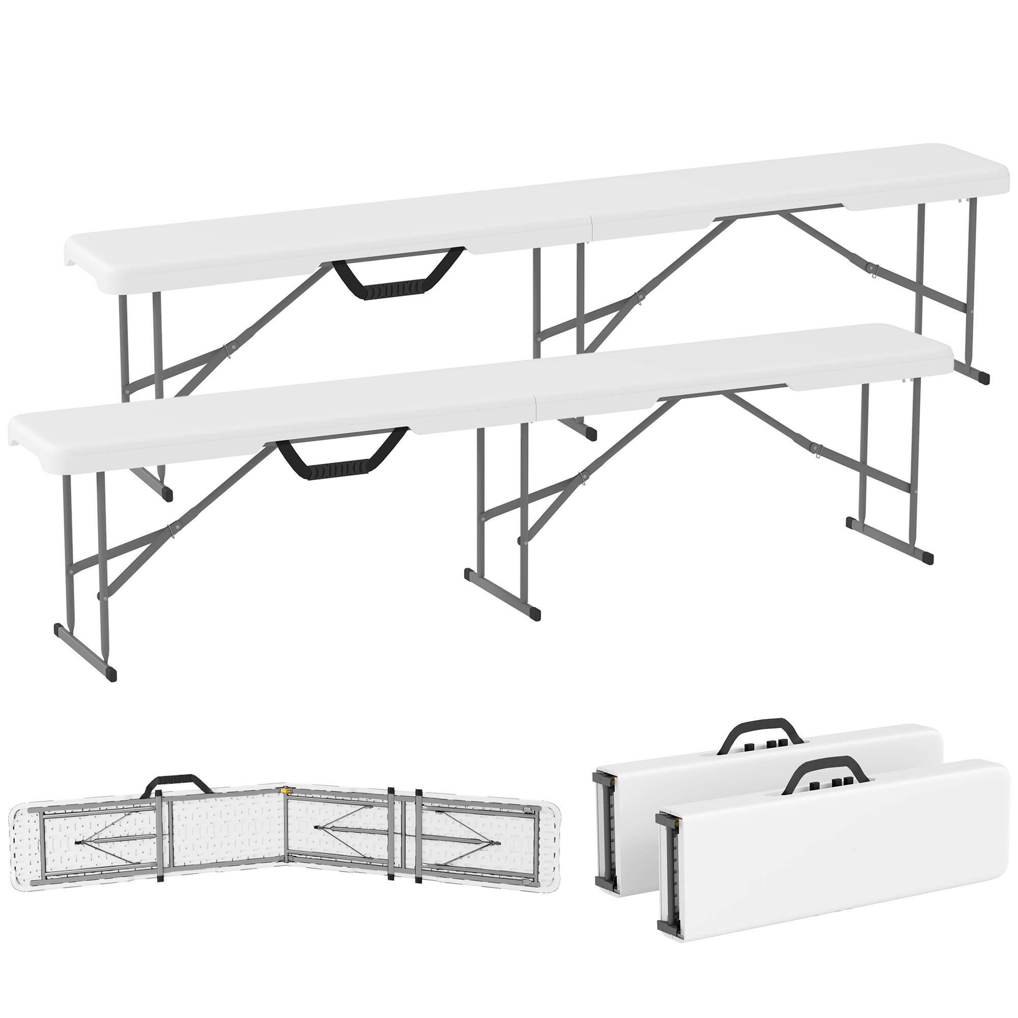 Front. Outsunny - 2-Pack 6 Ft. Plastic Folding Benches, Portable Foldable Bench Seats with Carrying Handle, Non-Slip Mat, HDPE Tabletop - White.