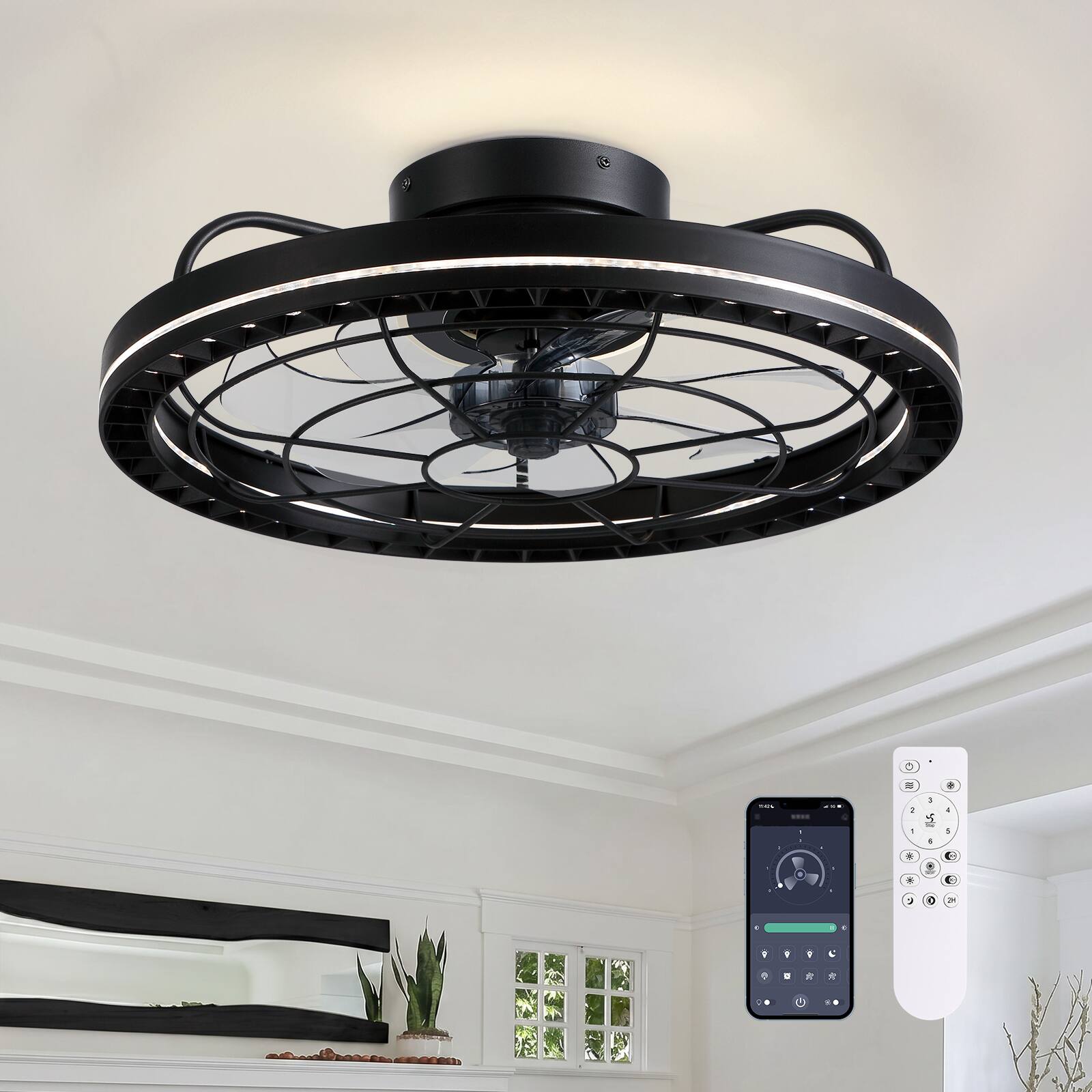 Angle. Siljoy - 18.9-inch Black Iron Cage Flush Mount LED Ceiling Fan, 6-Speed Reversible Fan with Remote  APP for Bedroom Living Room - Black.