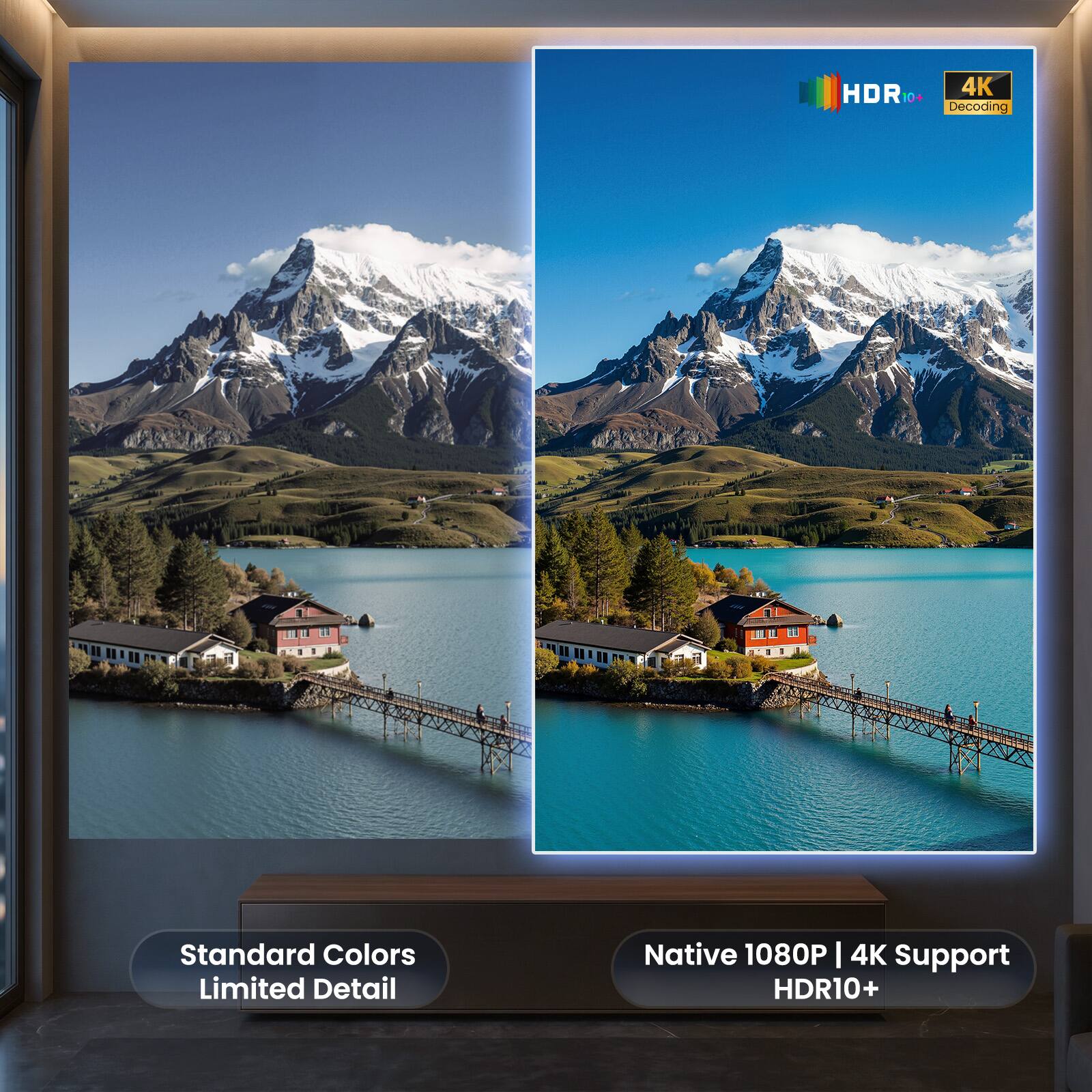 HDR 4K + Decoding  
Standard Colors  
Limited Detail  
Native 1080P | 4K Support  
HDR10+