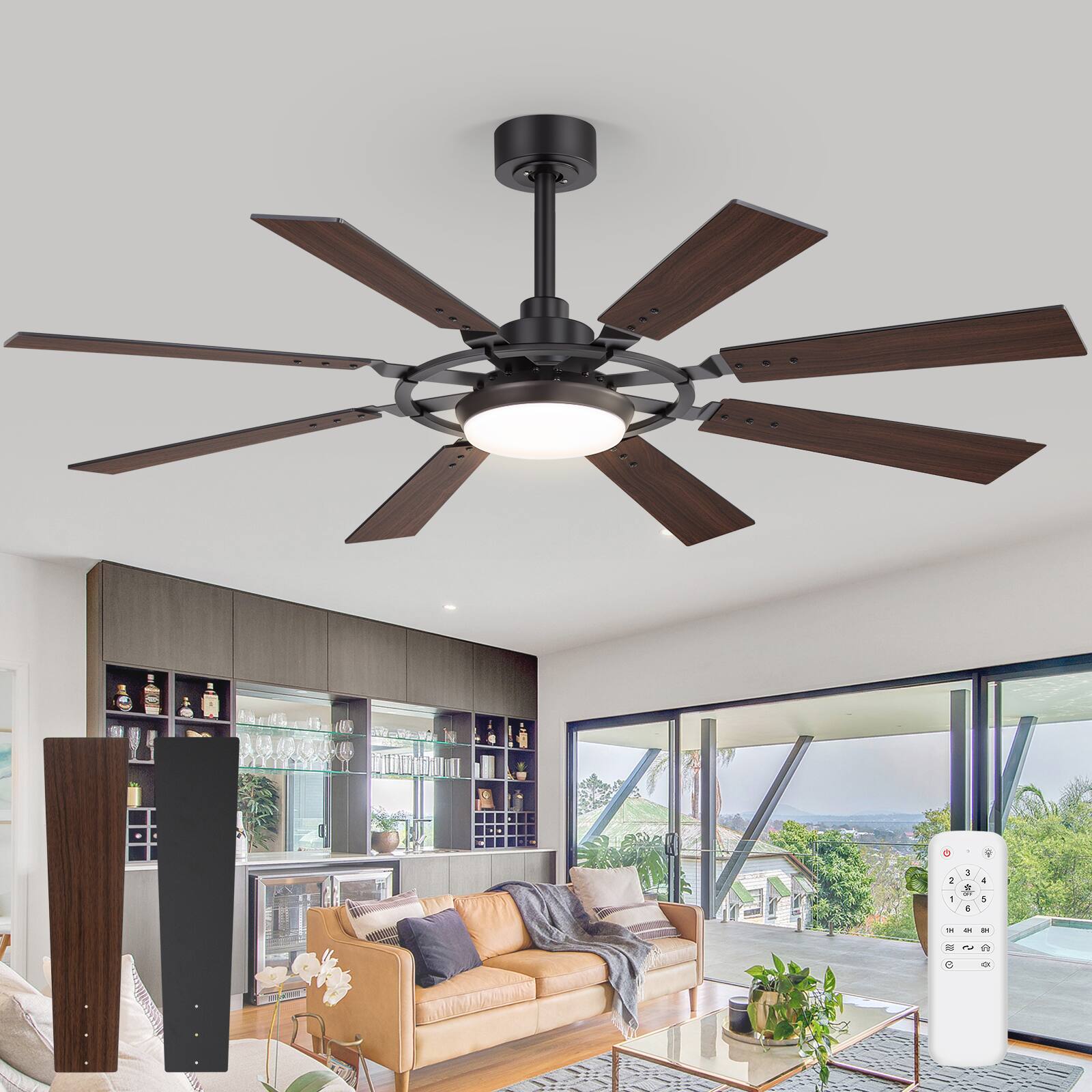 Breezary - 52'' Large Ceiling Fan with 3-Color LED Light, 6-Speed DC Motor, Remote& 4″/8″ Downrods, Timer, 8 ABS Blades - Matte Black