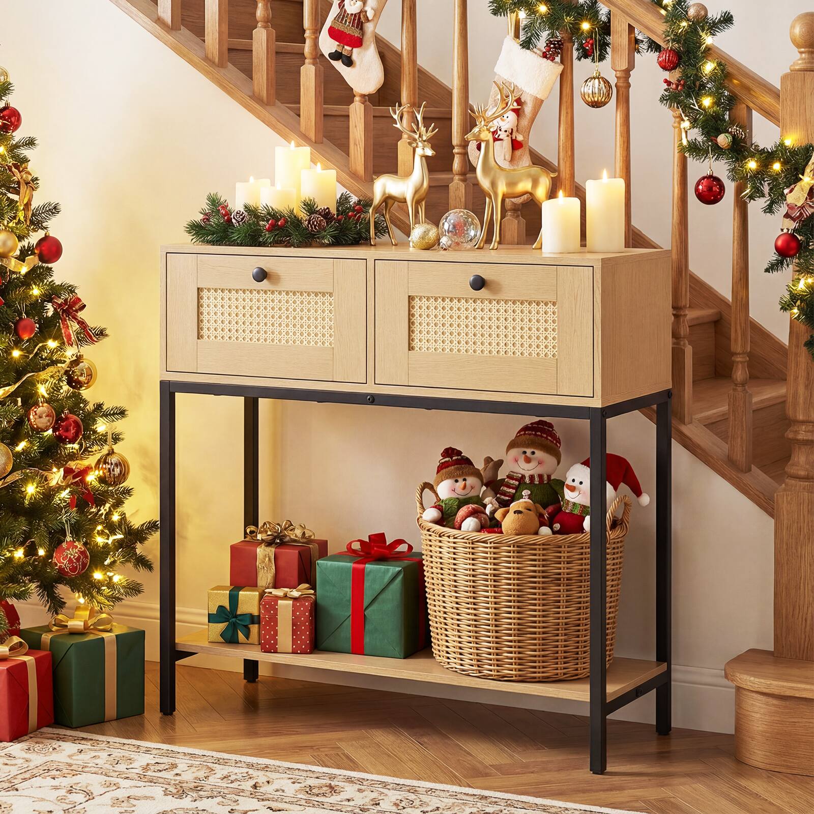 Alt View 5. Costway - Costway Rattan Console Table with 2 Rattan Drawers & Open Storage Shelf Metal Legs - Oak.