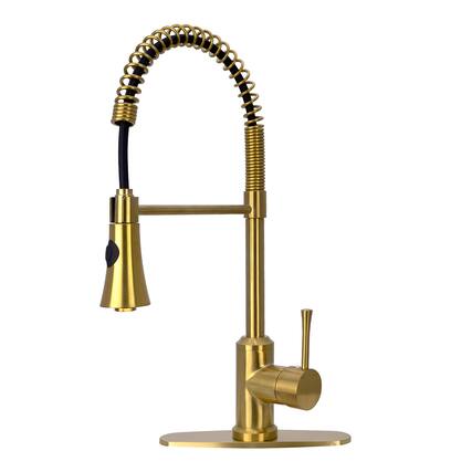 Front. Akicon - Akicon Pre-Rinse Spring Solid Brass Single Handle 360° Swivel Kitchen Faucet with Pull Down Sprayer in Brushed Gold - Brushed Gold.