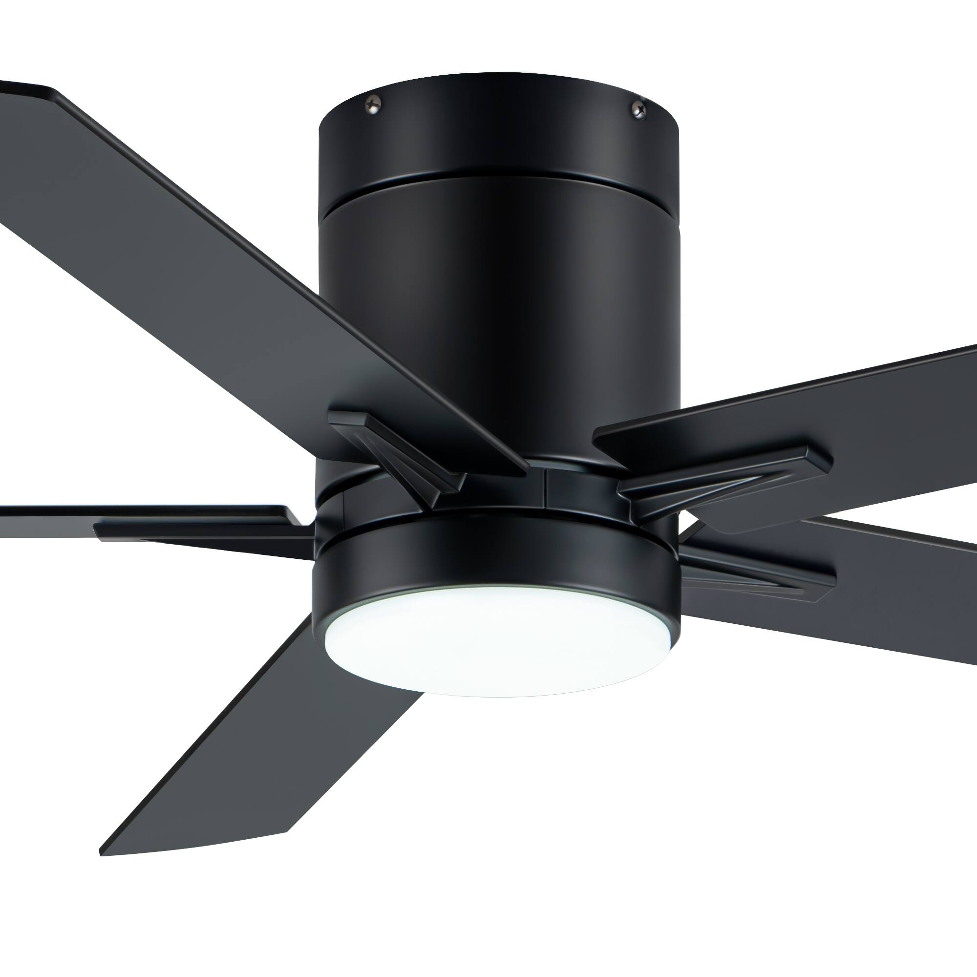 Left. Breezary - 52'' Flush Mount Ceiling Fan, 3-Color Light, 5 Plywood Blades, DC Motor, 6-Speed Remote Control, Timer & Memory - Matte Black and Deep Wood Grain.