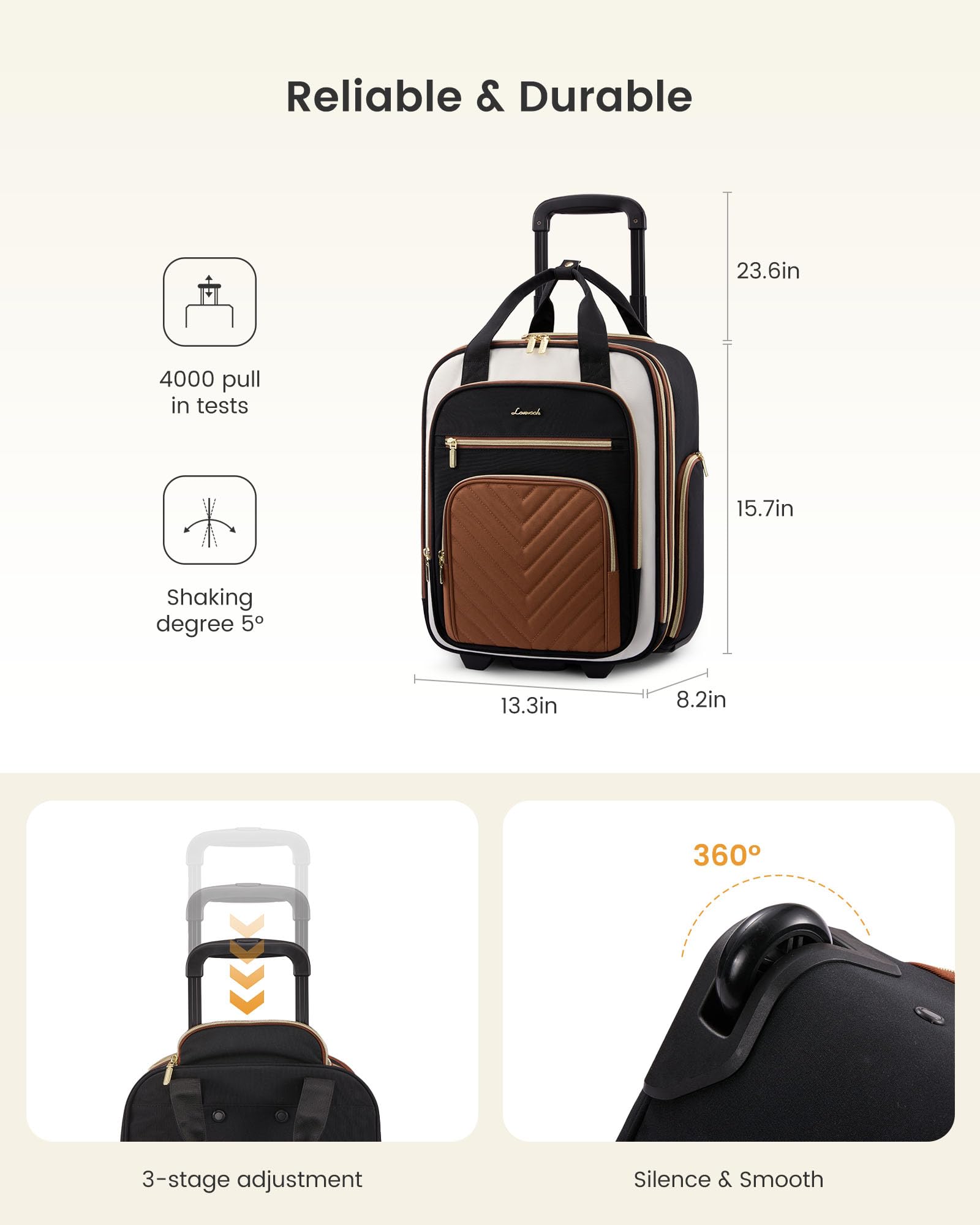 Reliable & Durable

- 4000 pull in tests
- Shaking degree 5°

Dimensions:
- 23.6in
- 15.7in
- 13.3in
- 8.2in

- 3-stage adjustment
- 360°
- Silence & Smooth