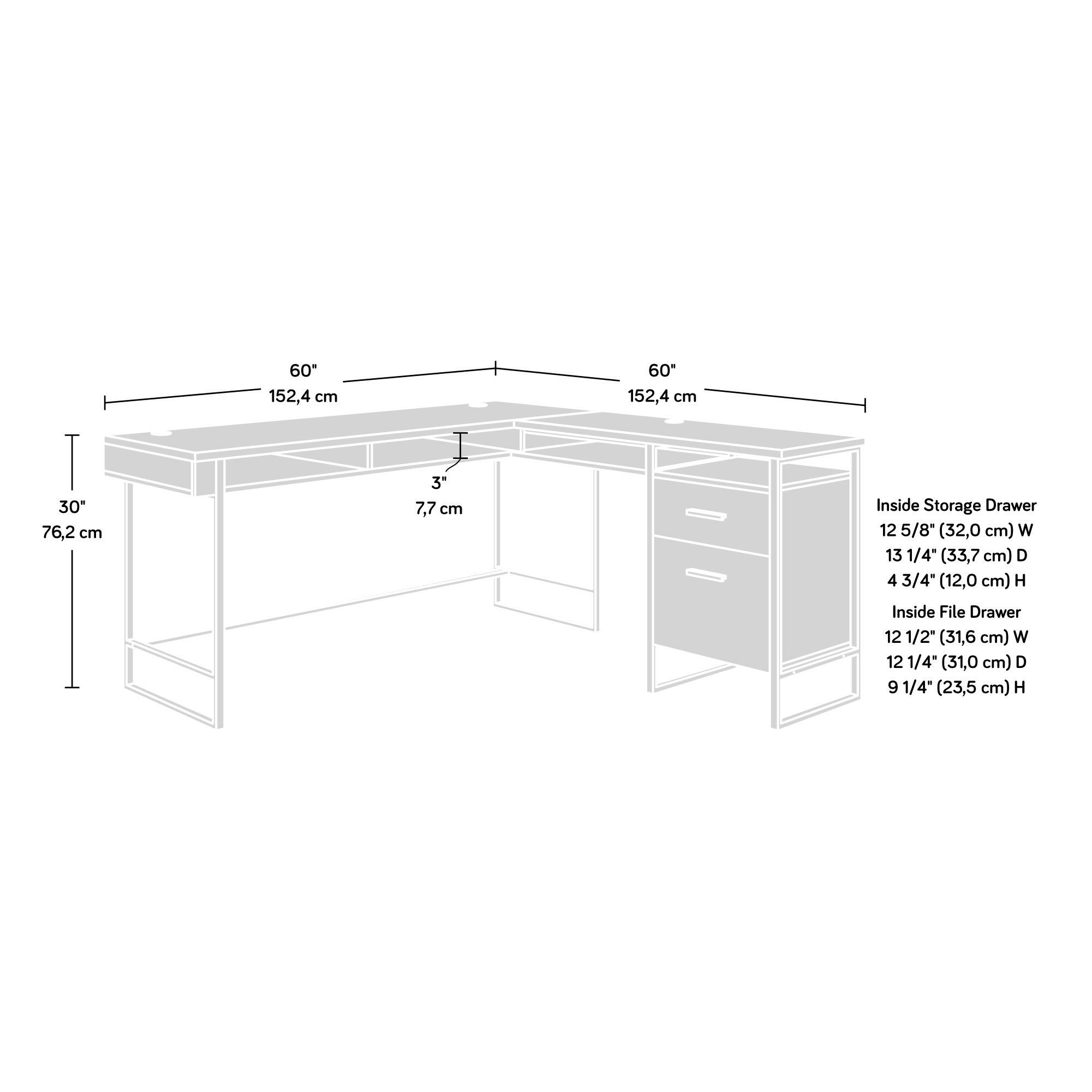 - Overall Dimensions:
  - Width: 60" (152.4 cm)
  - Depth: 30" (76.2 cm)
  - Height: 60" (152.4 cm)

- Inside Storage Drawer:
  - Width: 12 5/8" (32.0 cm)
  - Depth: 13 1/4" (33.7 cm)
  - Height: 4 3/4" (12.0 cm)

- Inside File Drawer:
  - Width: 12 1/2" (31.6 cm)
  - Depth: 12 1/4" (31.0 cm)
  - Height: 9 1/4" (23.5 cm)