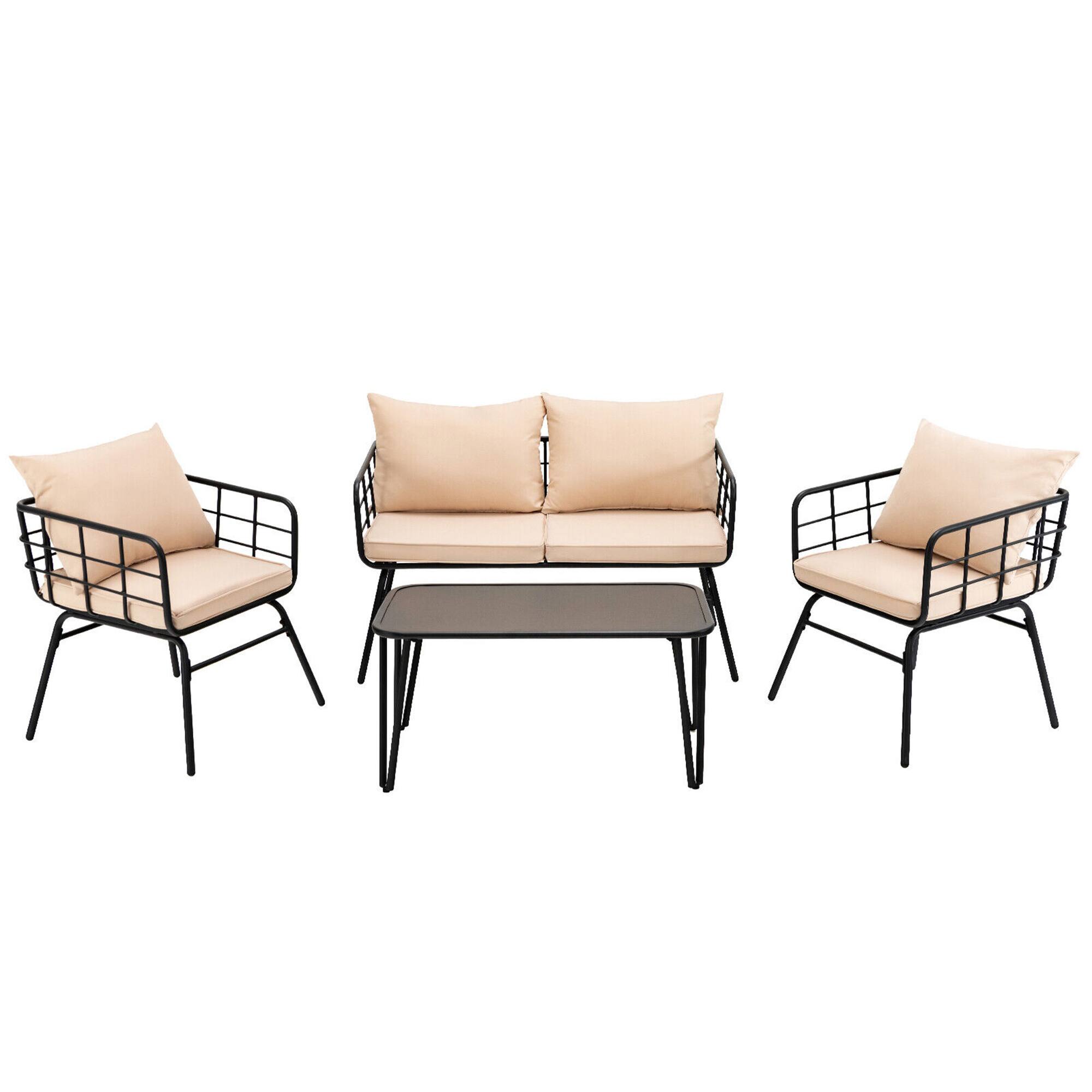 Alt View 6. Gymax - Gymax 4PCS Patio Conversation Set Outdoor Furniture Set w/ Cushions Steel Structure - Beige.