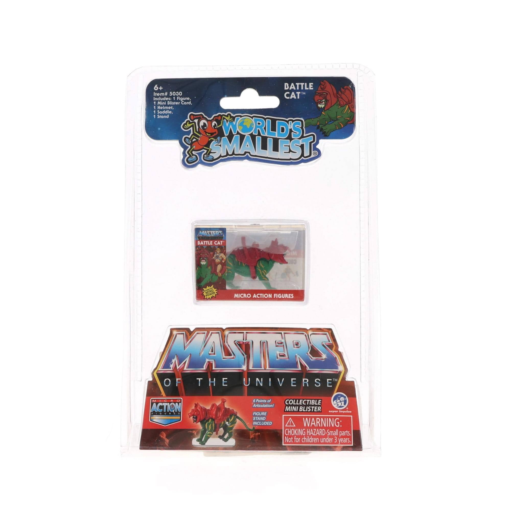 6+ DATTLE Hema 5000  
Includes:  
1 Figure  
1 Helmet  
1 Art Card  
1 Stand  

WORLD'S SMALLEST MASTERY BATILE CAT MICRO ACTION FIGURES  
MASTERS OF THE UNIVERSE ACTION FIGURES  

COLLECTIBLE Mini Blister Figure Stand Included  

WARNING: CHOKING HAZARD - Small parts. Not for children under 3 years.