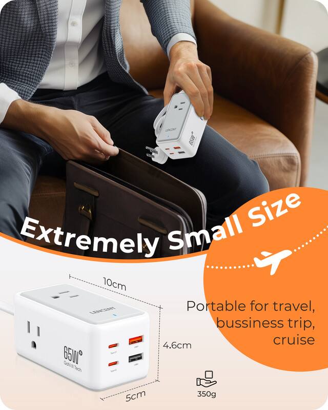 LENCENT  
65W  
Extremely Small Size  
LENCENT Portable for travel, business trip, cruise  
65W  
GaN Tech  
10cm  
4.6cm  
5cm  
350g